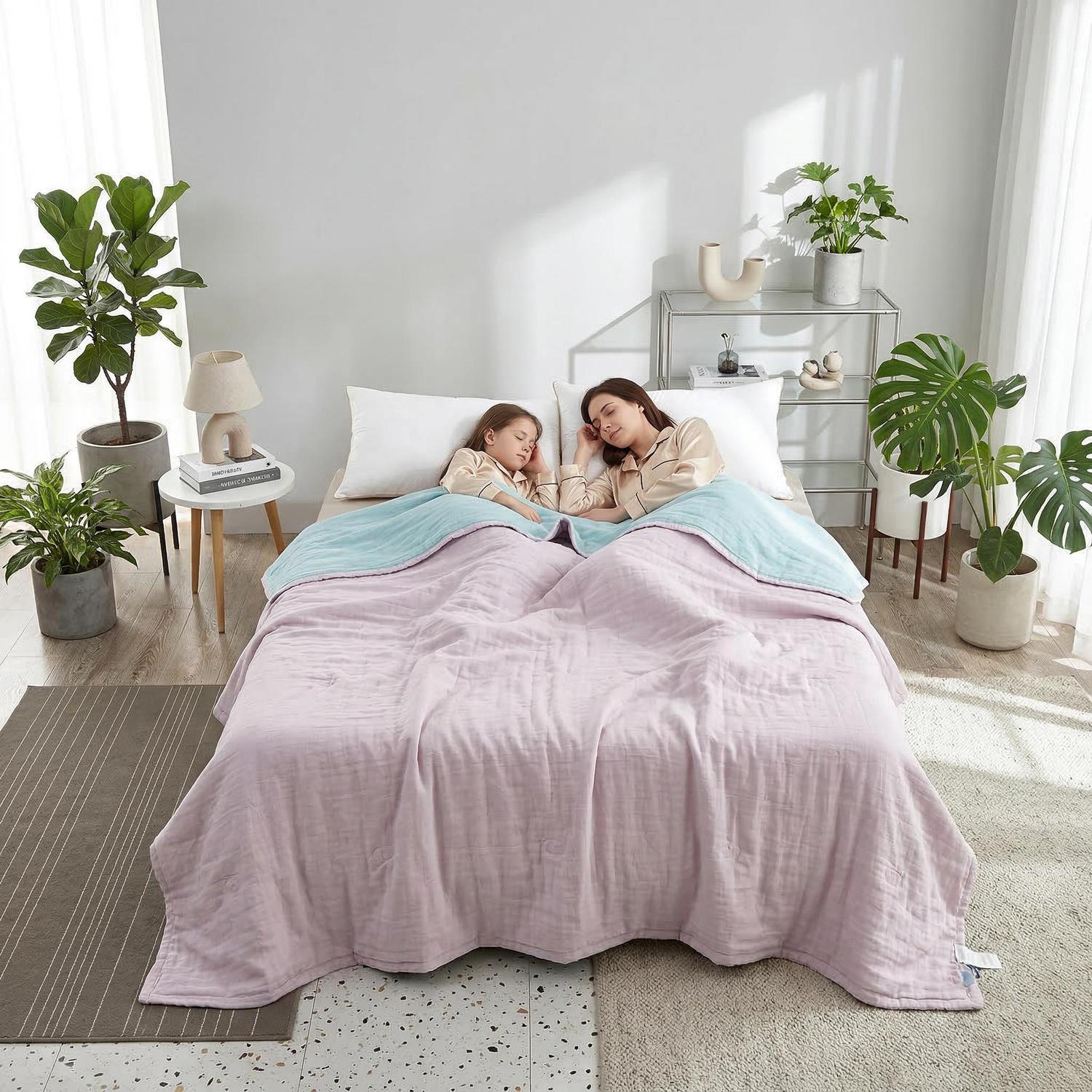 Mother and child sleeping under a soft pink and blue muslin cotton bedspread in a bright bedroom.