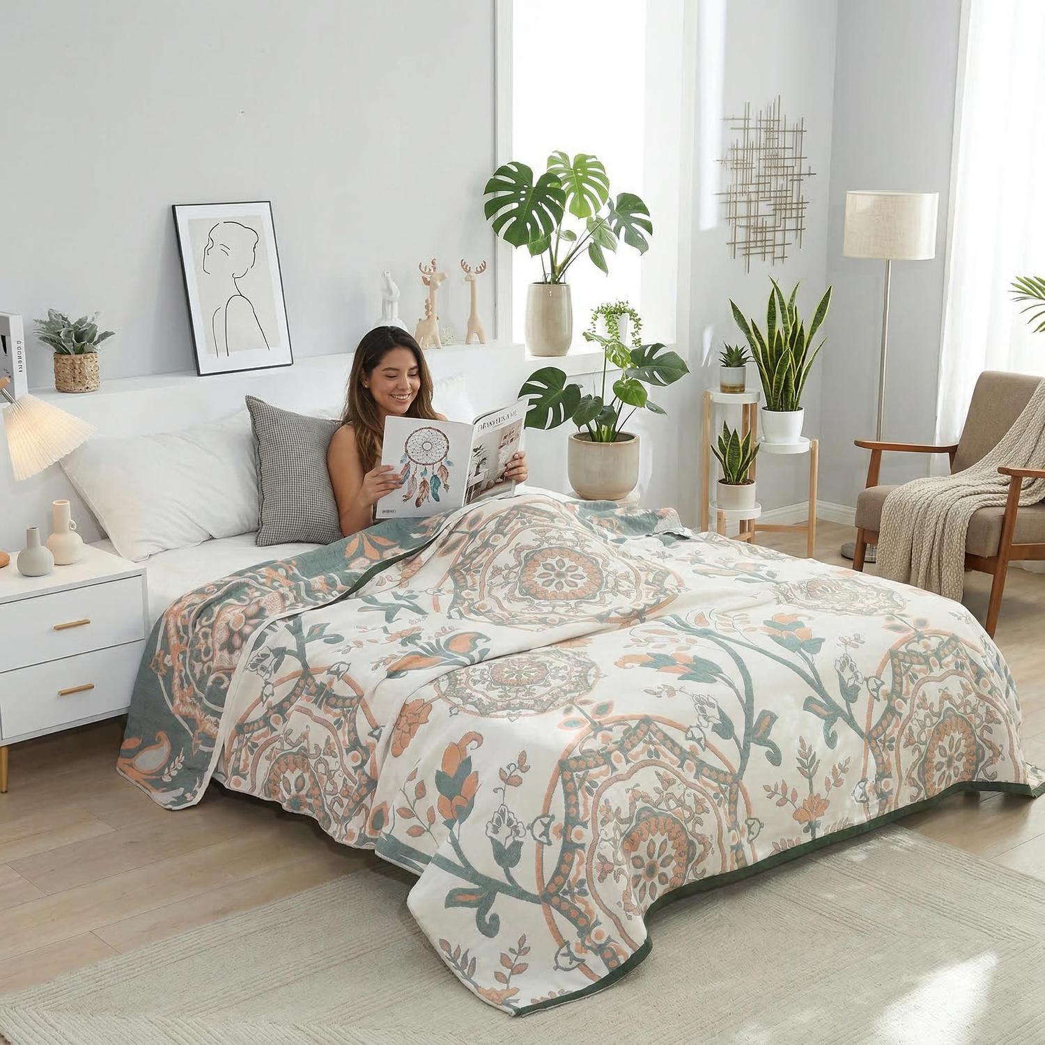 Woman on a bed with a white soft cotton bedspread featuring a green and orange geometric floral pattern.