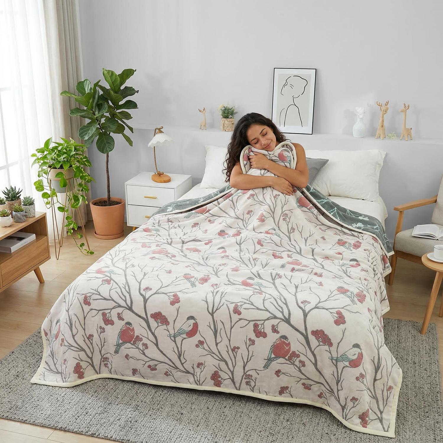 Woman on a bed covered with a soft cotton summer quilt blanket featuring a red bird and tree branch pattern.