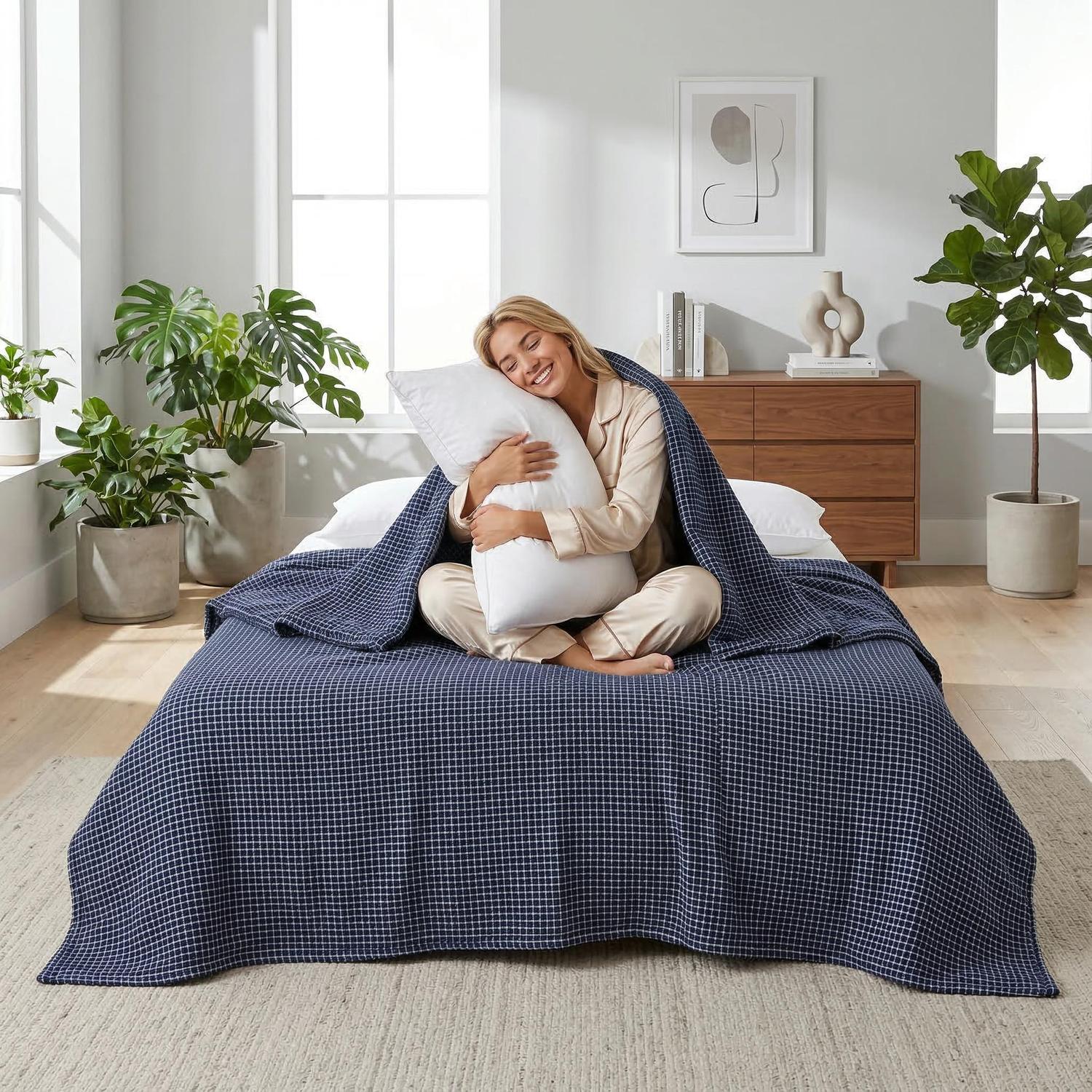 Smiling woman in pajamas on a bed, hugging a pillow under a navy blue soft cotton bedspread with a white geometric grid pattern.