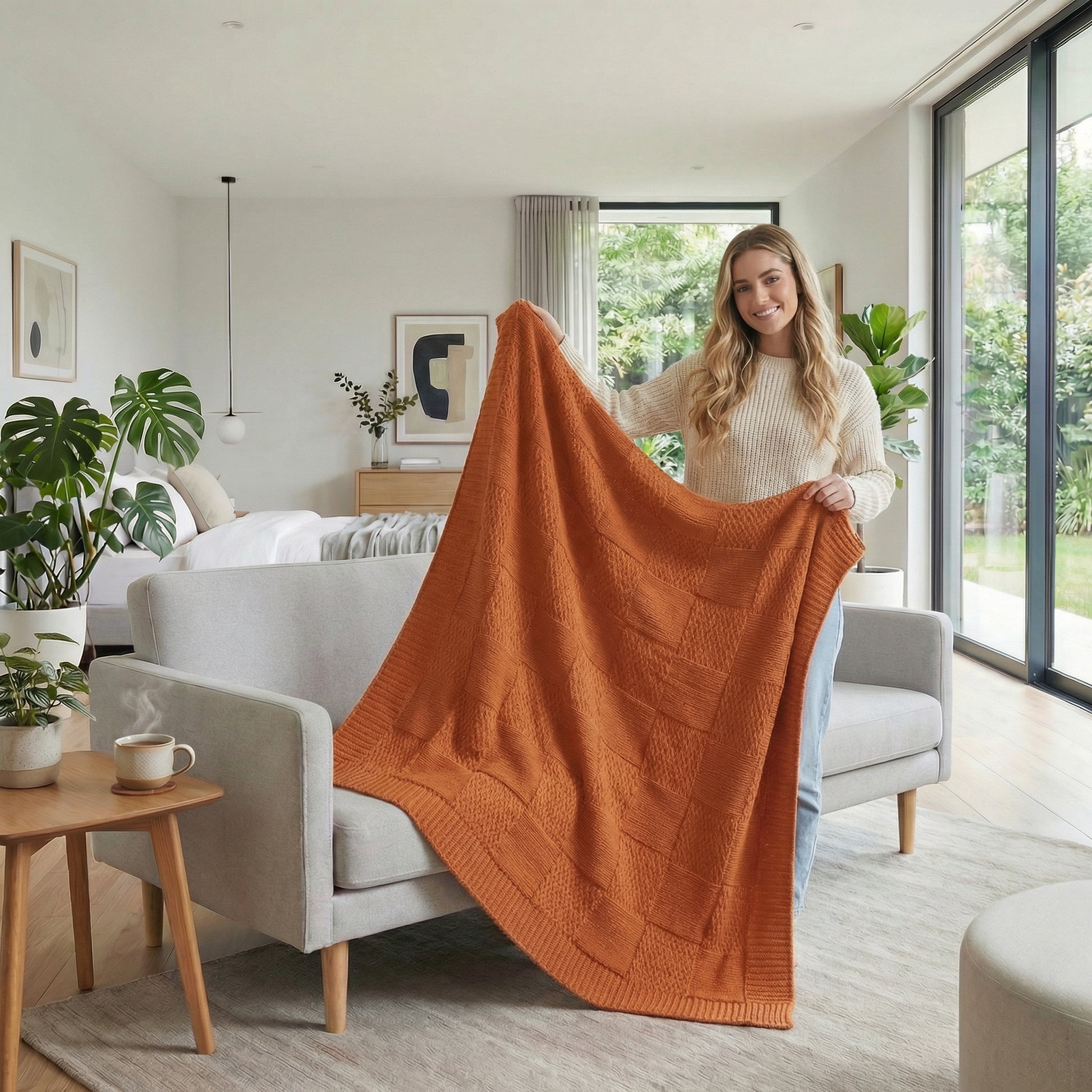 Smiling woman holding a soft, orange knitted cotton blanket with a textured pattern in a modern living room.