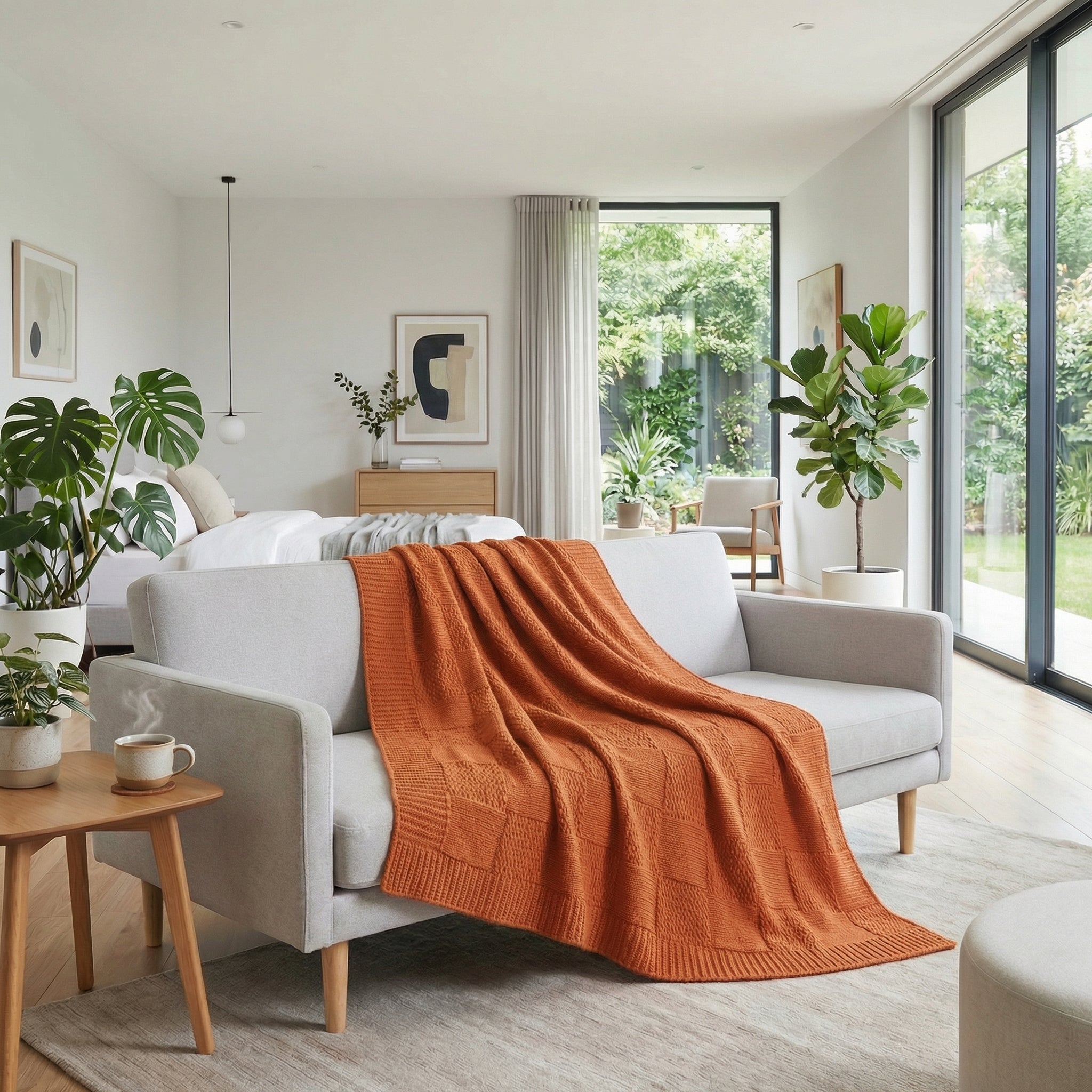 Soft orange knitted cotton blanket draped over a light grey sofa in a bright, modern living space.