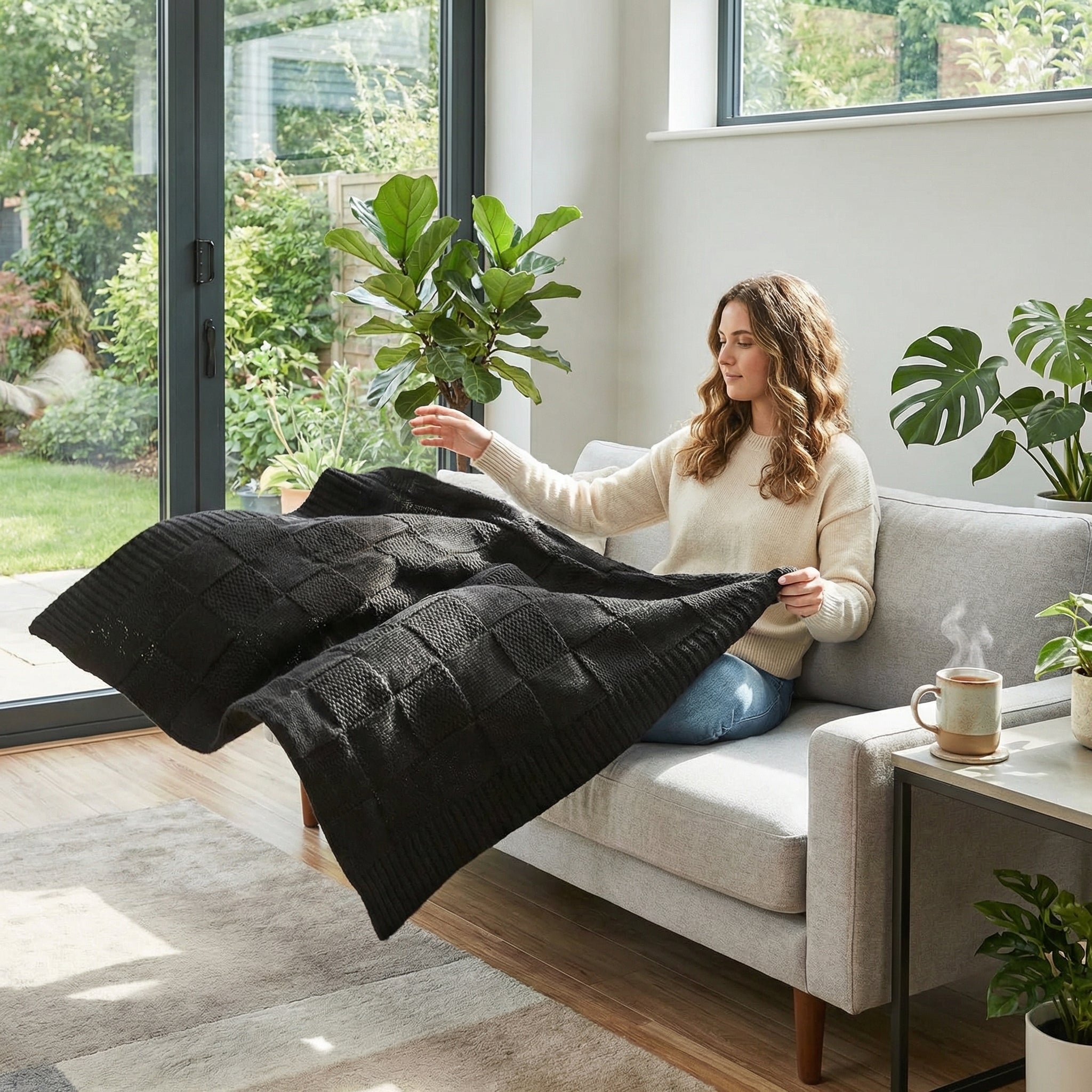 Woman on a sofa holding a soft black knitted cotton blanket with a textured square pattern.