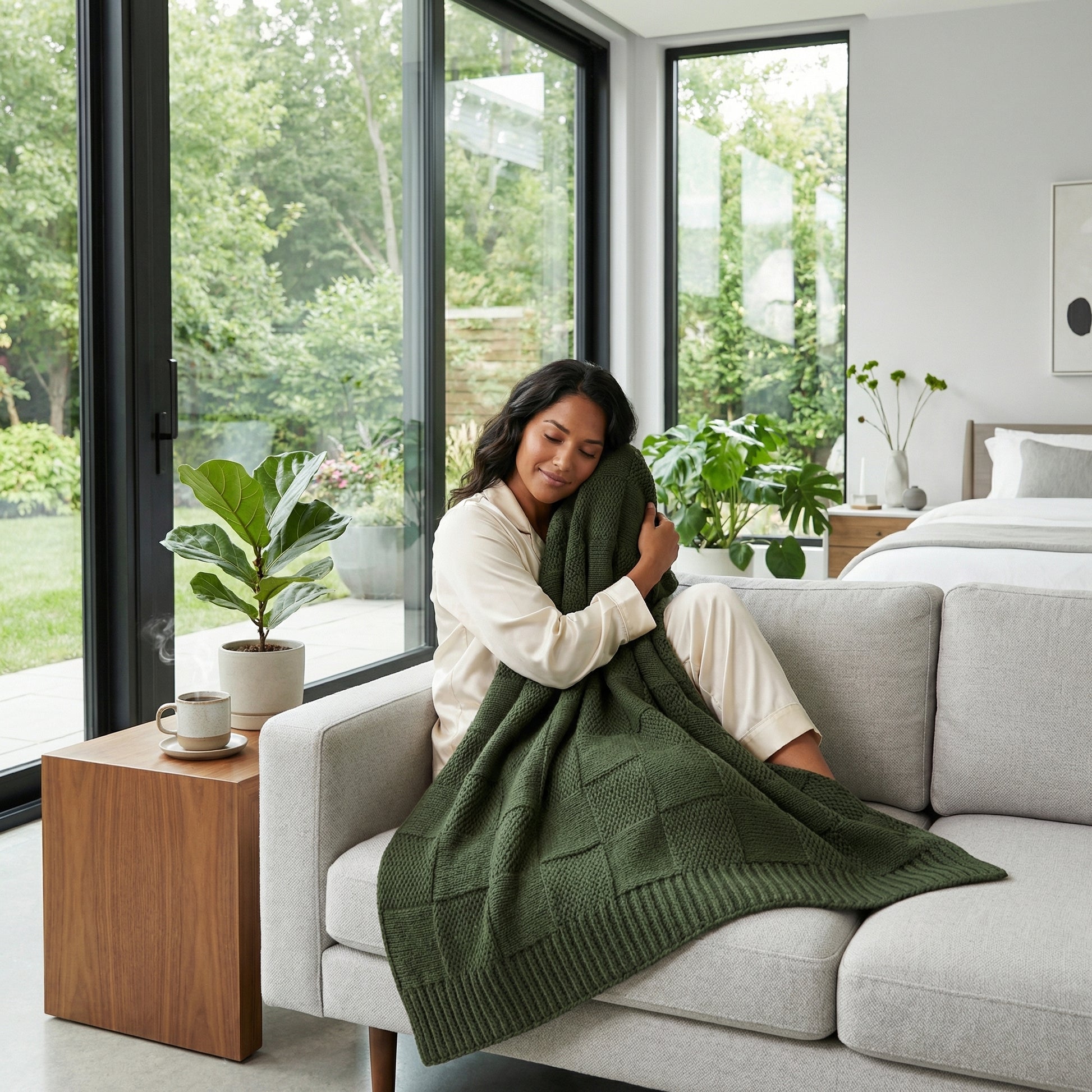 Cozy woman on a sofa, hugging a soft, dark green knitted cotton blanket with a textured pattern.