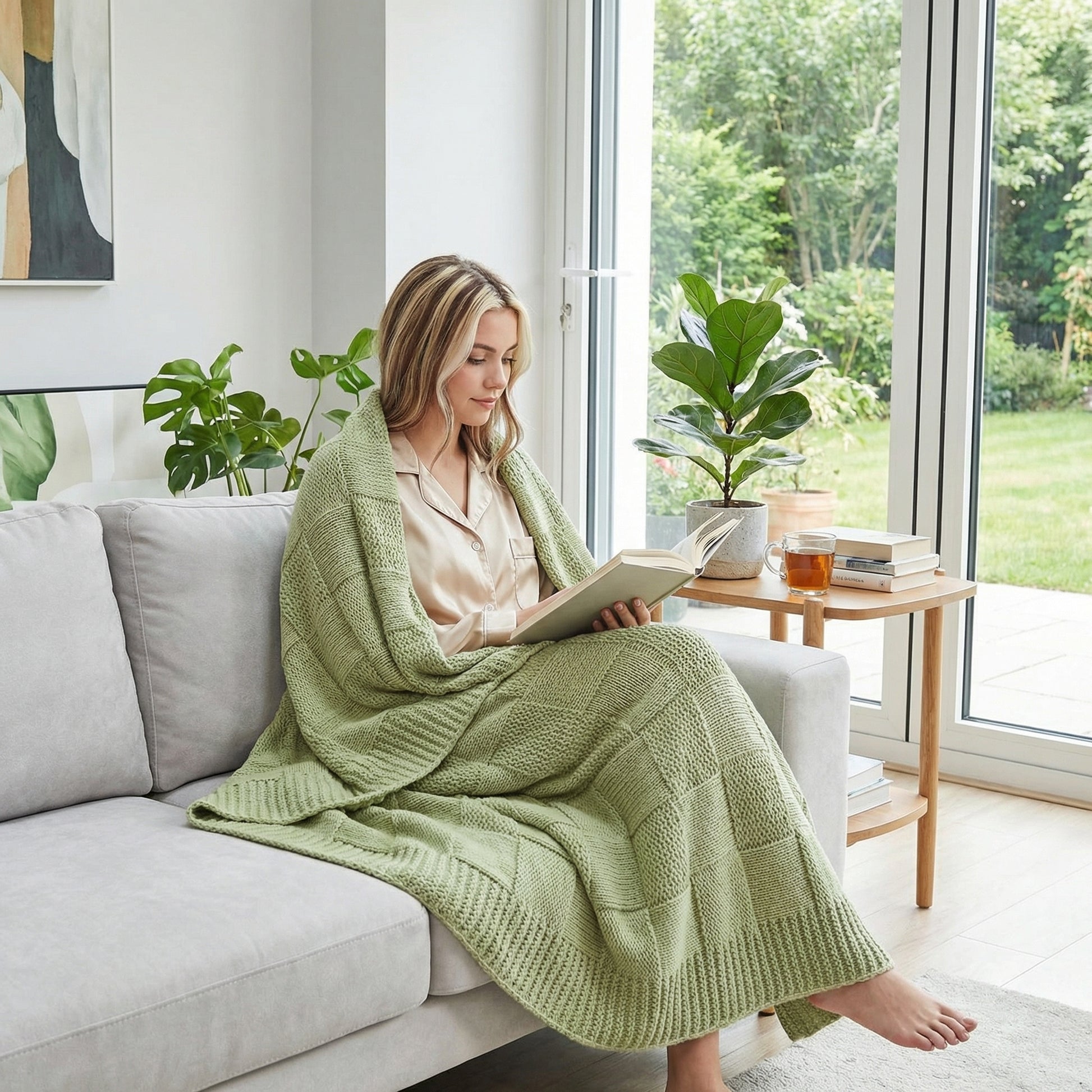 Woman relaxing on a sofa, wrapped in a soft green knitted cotton blanket with a textured square pattern.