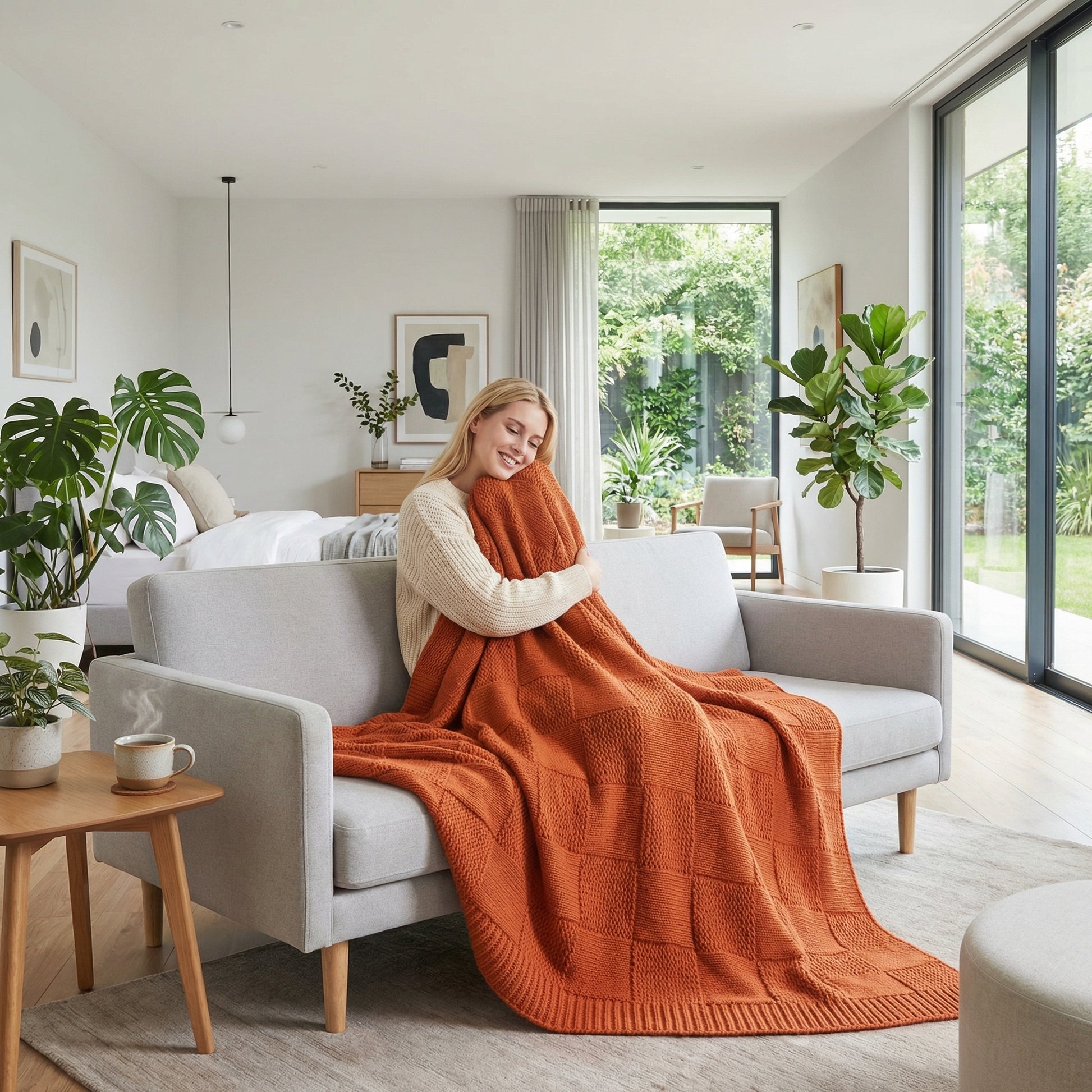 Smiling woman on a sofa, wrapped in a cozy, orange knitted cotton blanket with a textured pattern.