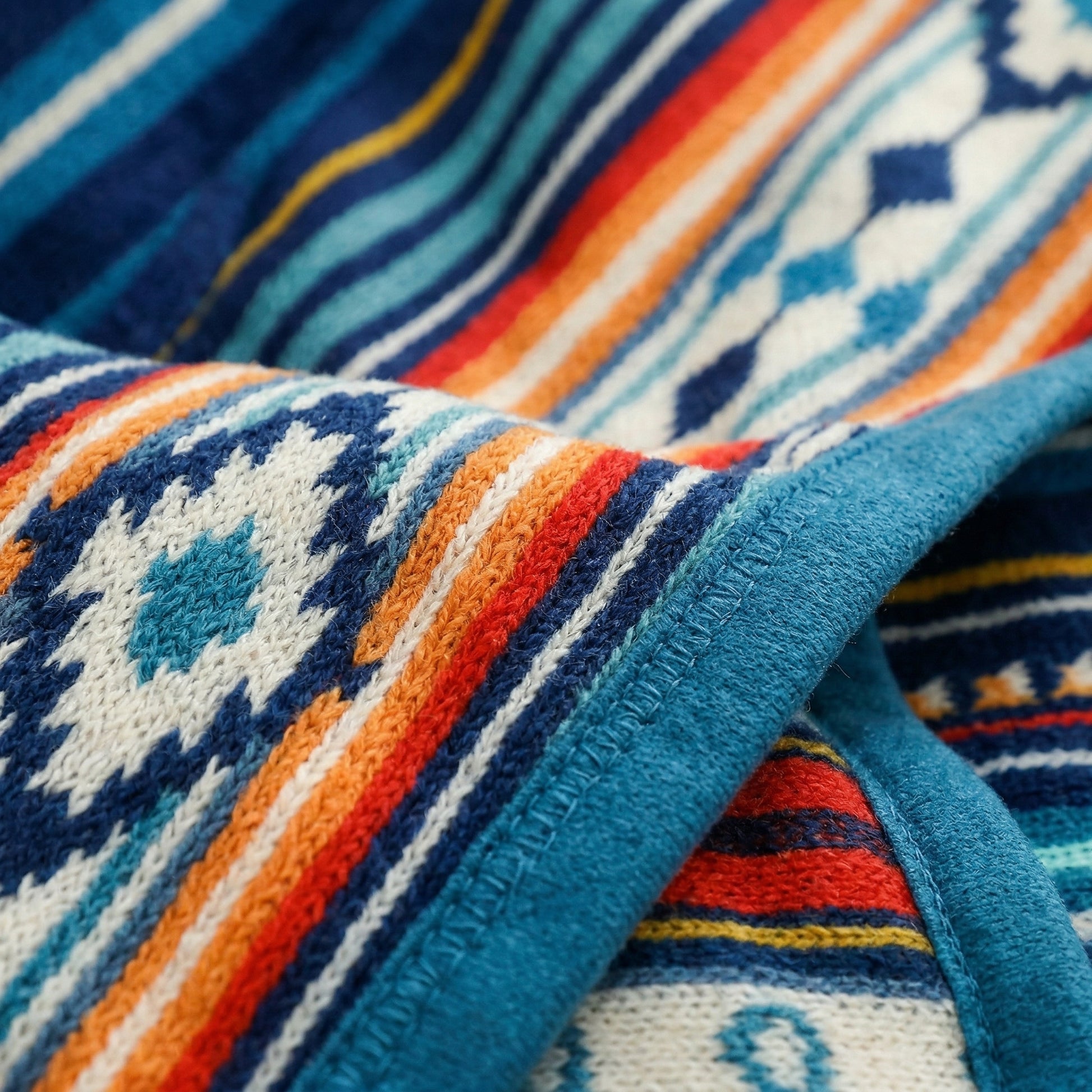 Close-up of a folded Solaya Boho Throw Blanket, showcasing its plush coral-fleece surface, vibrant blue, orange, and white knitted bohemian patterns, and stitched teal border.