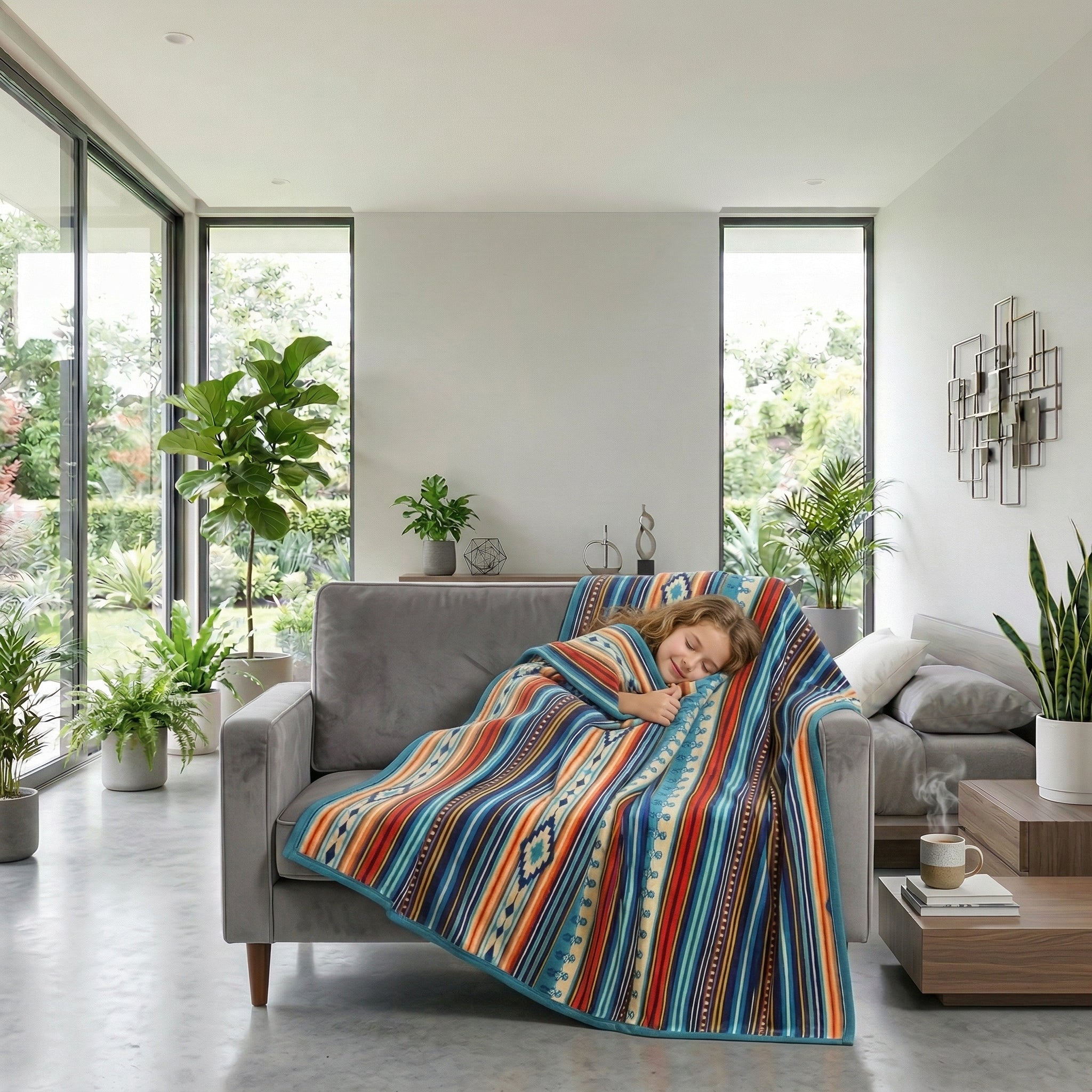 Child sleeping on a gray sofa covered by a colorful Solaya Boho Throw Blanket with striped patterns.