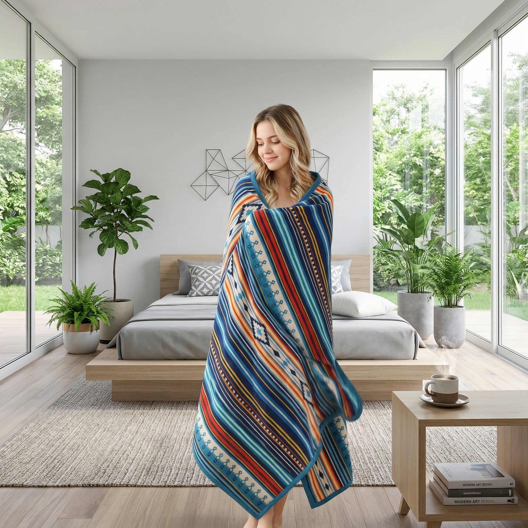 Woman wrapped in a colorful Solaya Boho Throw Blanket with blue, orange, and white stripes in a modern bedroom.