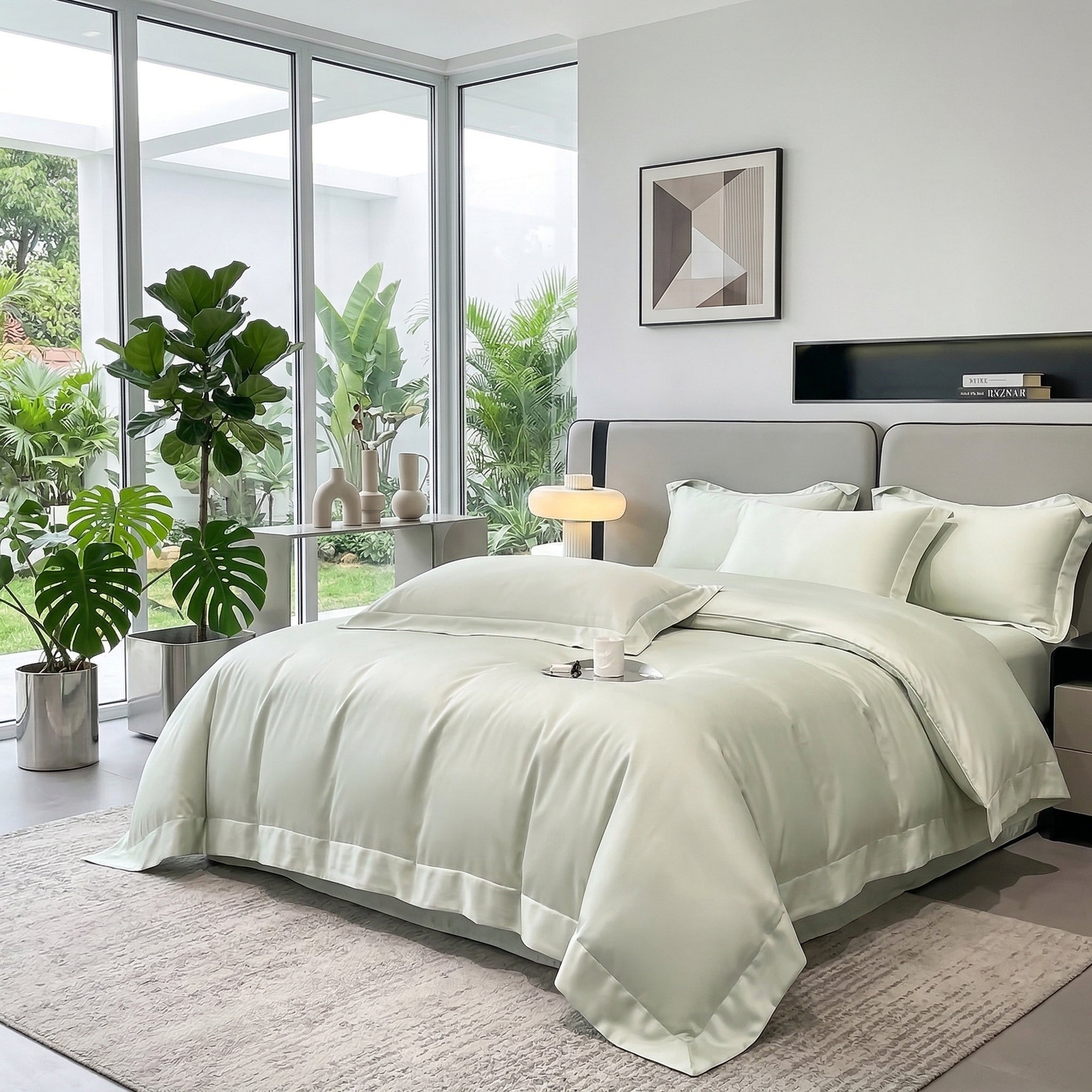 Light green solid color all-cotton duvet cover bedding set on a bed in a modern bedroom.