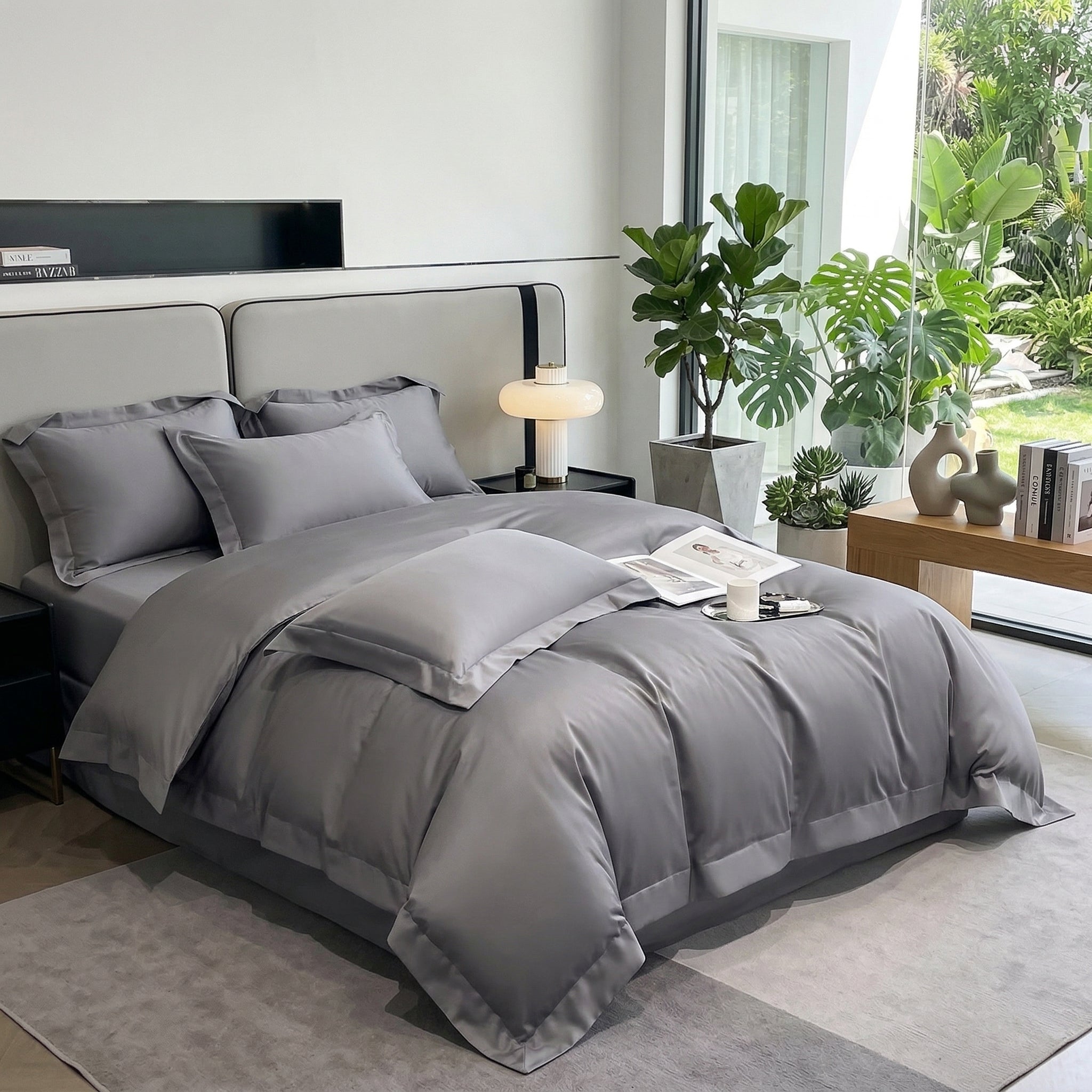 Soft gray all-cotton duvet cover bedding set on a modern bed with a minimalist design.