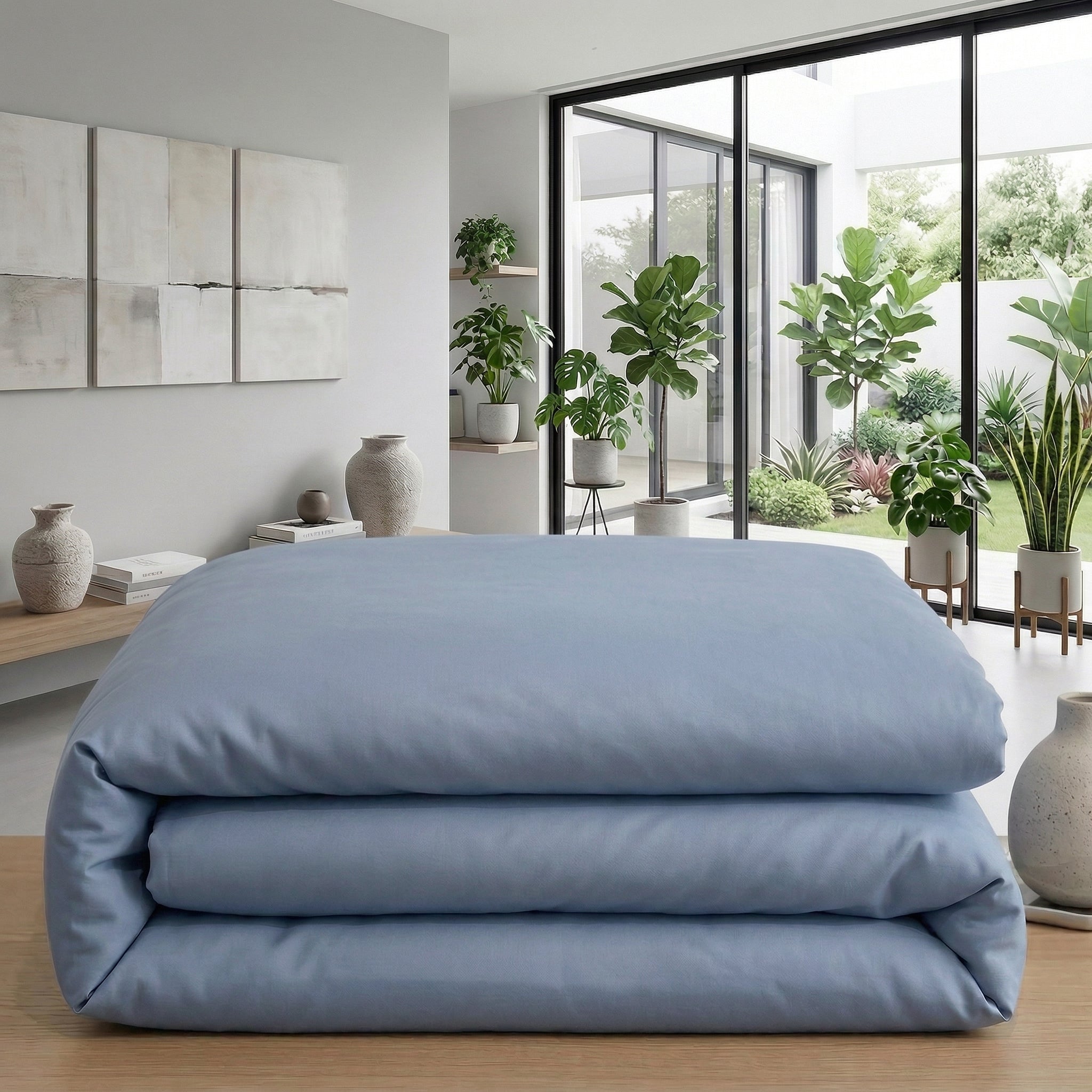 Folded light blue solid color all-cotton duvet cover on a wooden surface in a bright room.