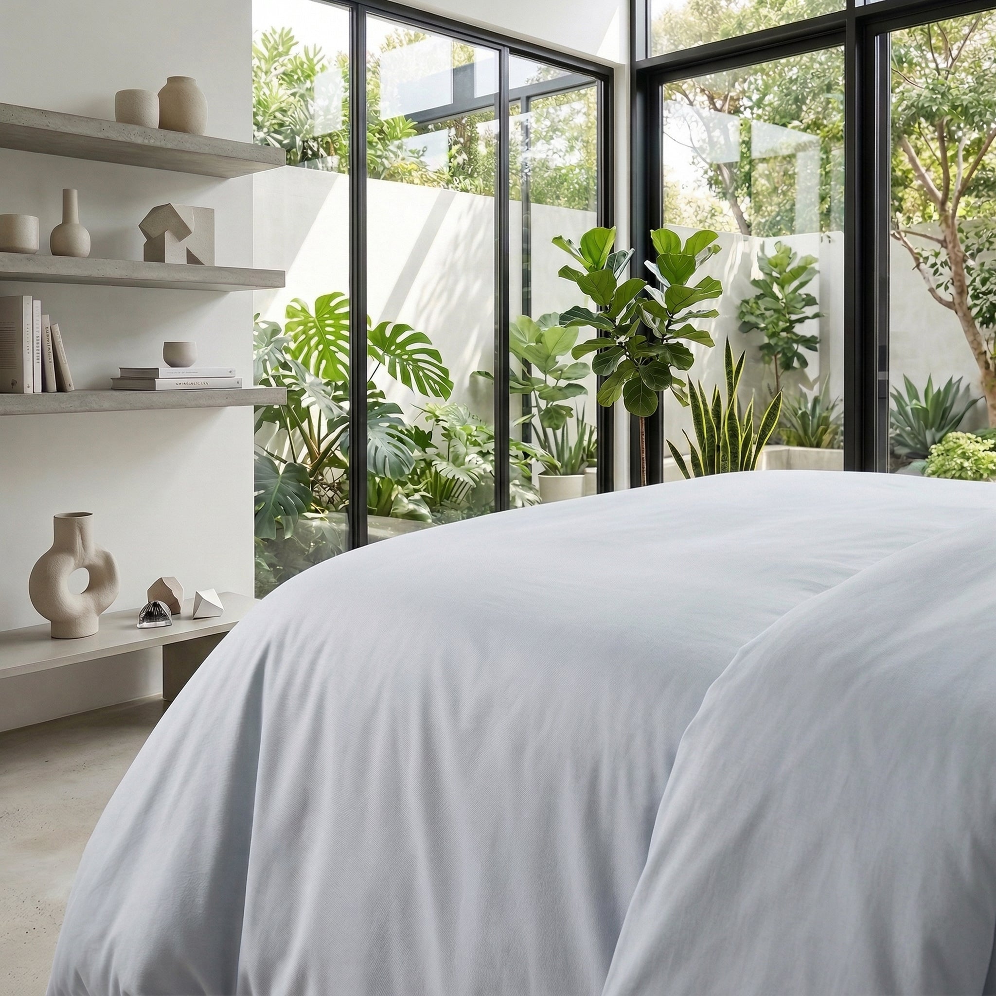 Light blue solid color cotton duvet cover on a bed in a modern bedroom with large windows.