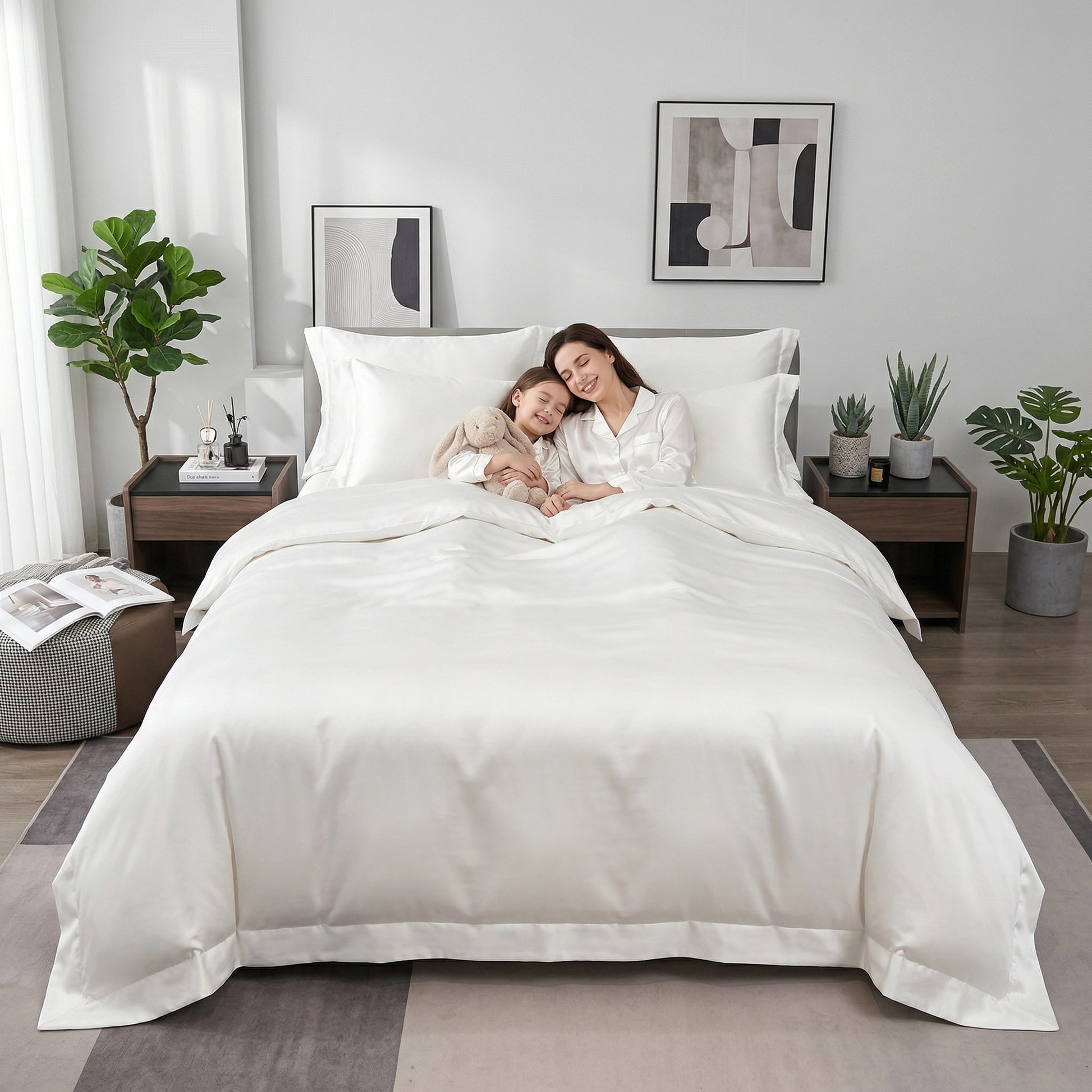 White solid color all-cotton duvet cover bedding set with a mother and child in a modern bedroom.