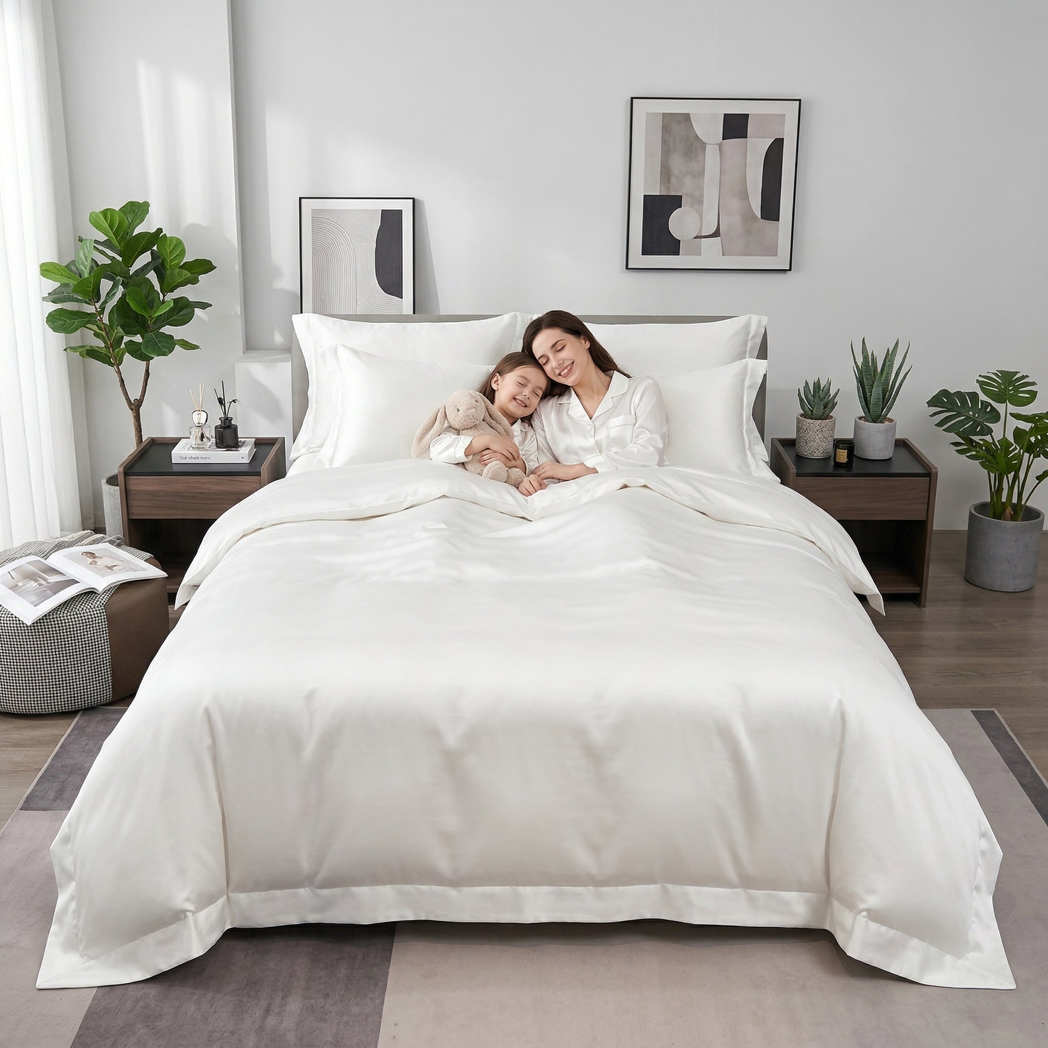 White solid color all-cotton duvet cover bedding set with a mother and child in a modern bedroom.