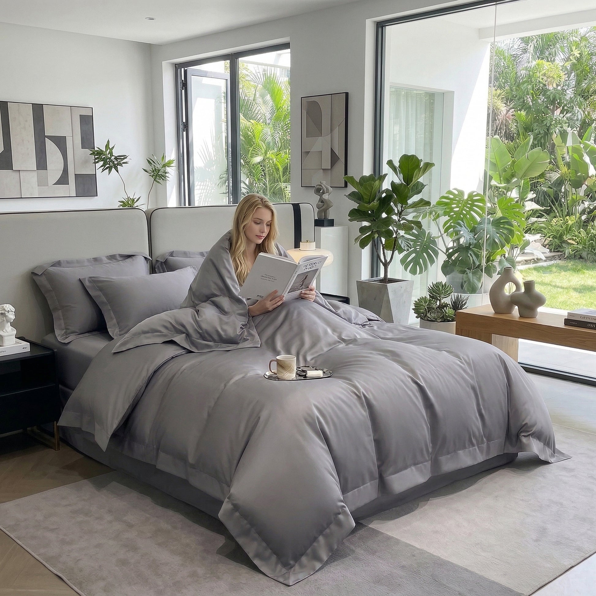 Woman reading in a modern bedroom with a soft, smooth gray all-cotton duvet cover bedding set.