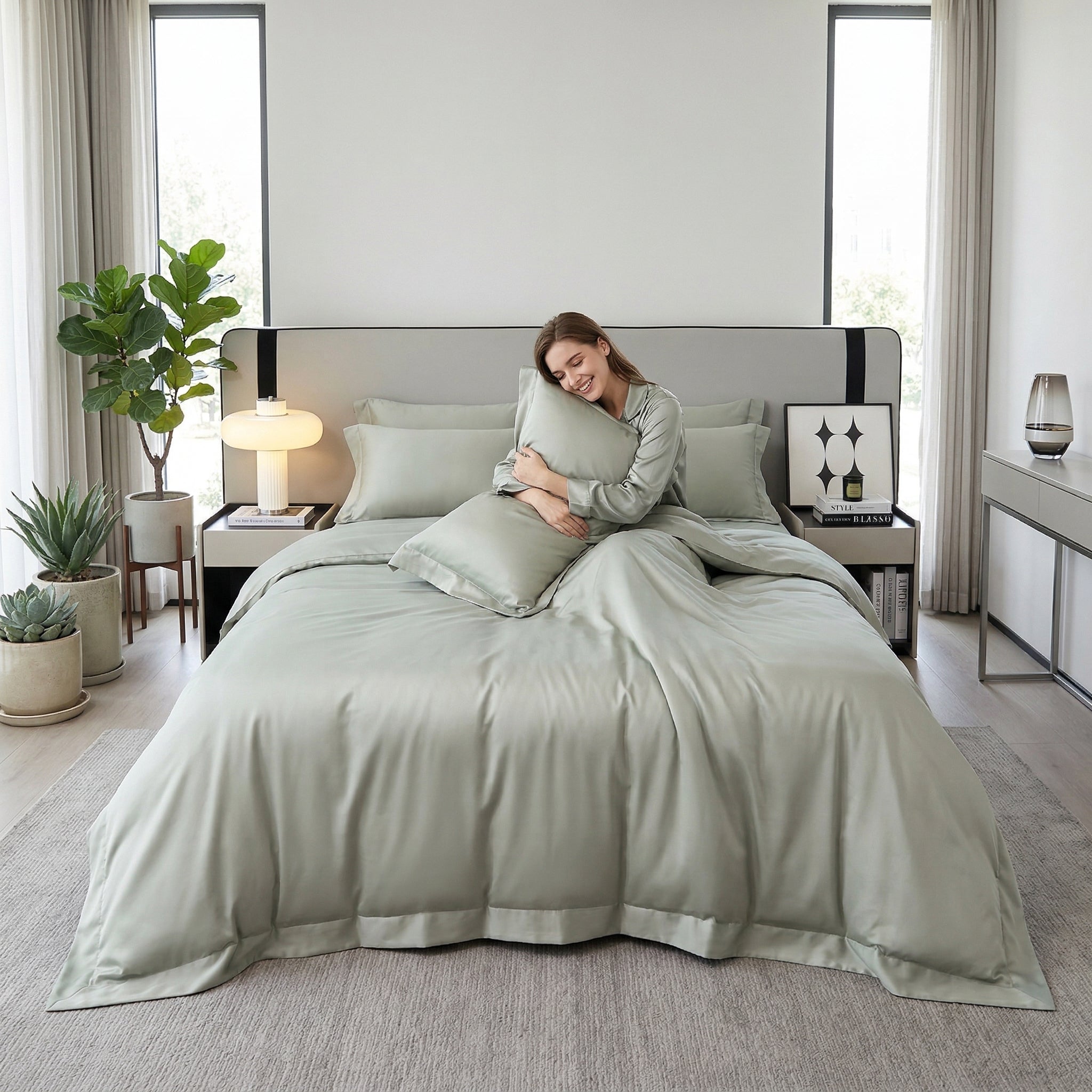 Woman in pajamas hugging a pillow on a bed with a soft sage green solid color cotton duvet cover set.