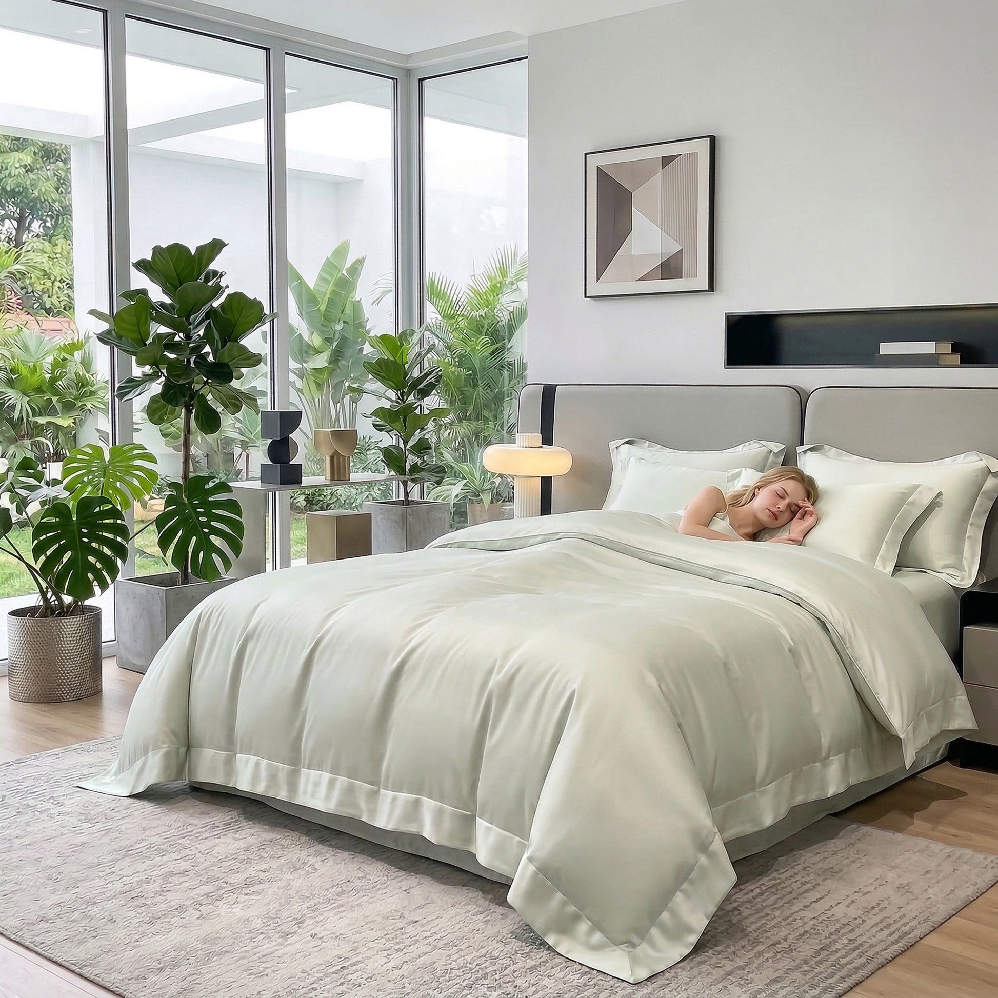 Soft, light green solid color cotton duvet cover bedding set on a bed in a modern bedroom.