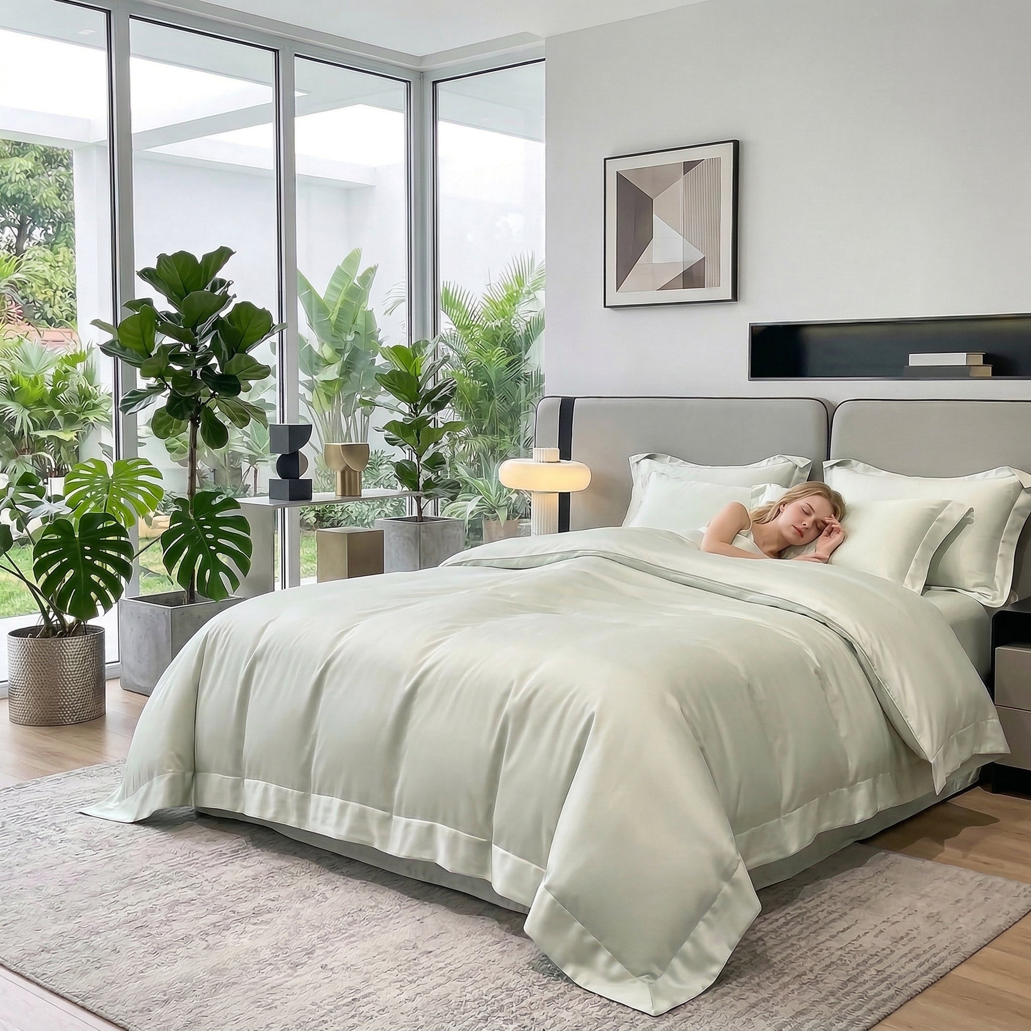 Soft, light green solid color cotton duvet cover bedding set on a bed in a modern bedroom.
