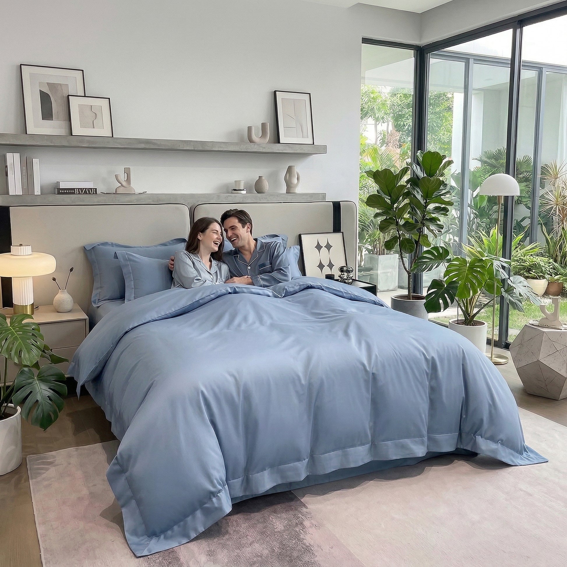 Couple in a modern bedroom with a soft blue solid color cotton duvet cover bedding set.