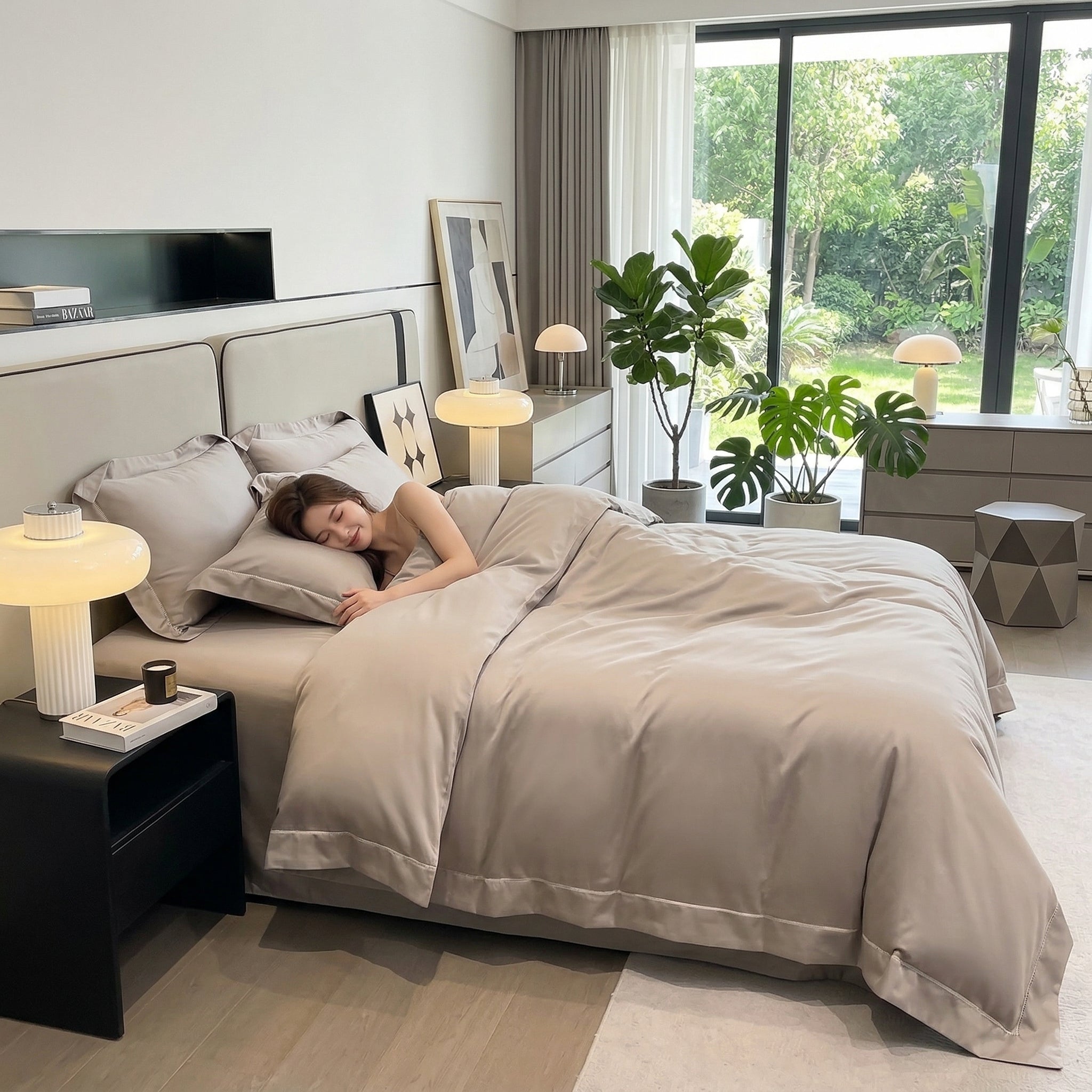 Woman sleeping soundly in a modern bedroom with a soft, solid light gray cotton duvet cover set.