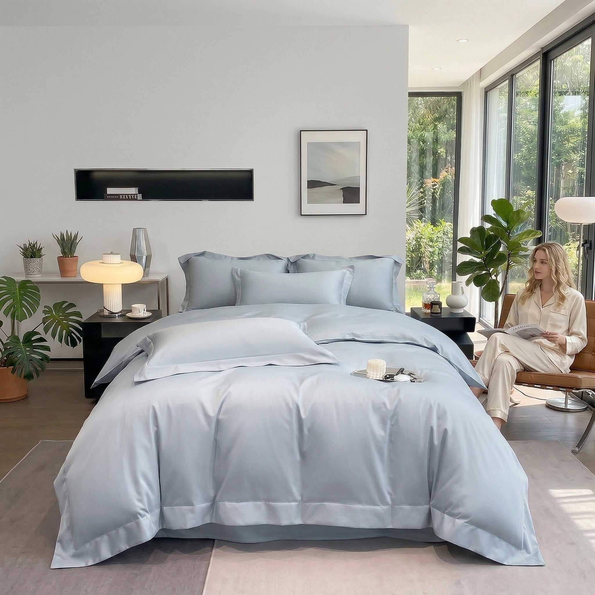 Light blue solid color all-cotton duvet cover bedding set on a bed in a modern bedroom.
