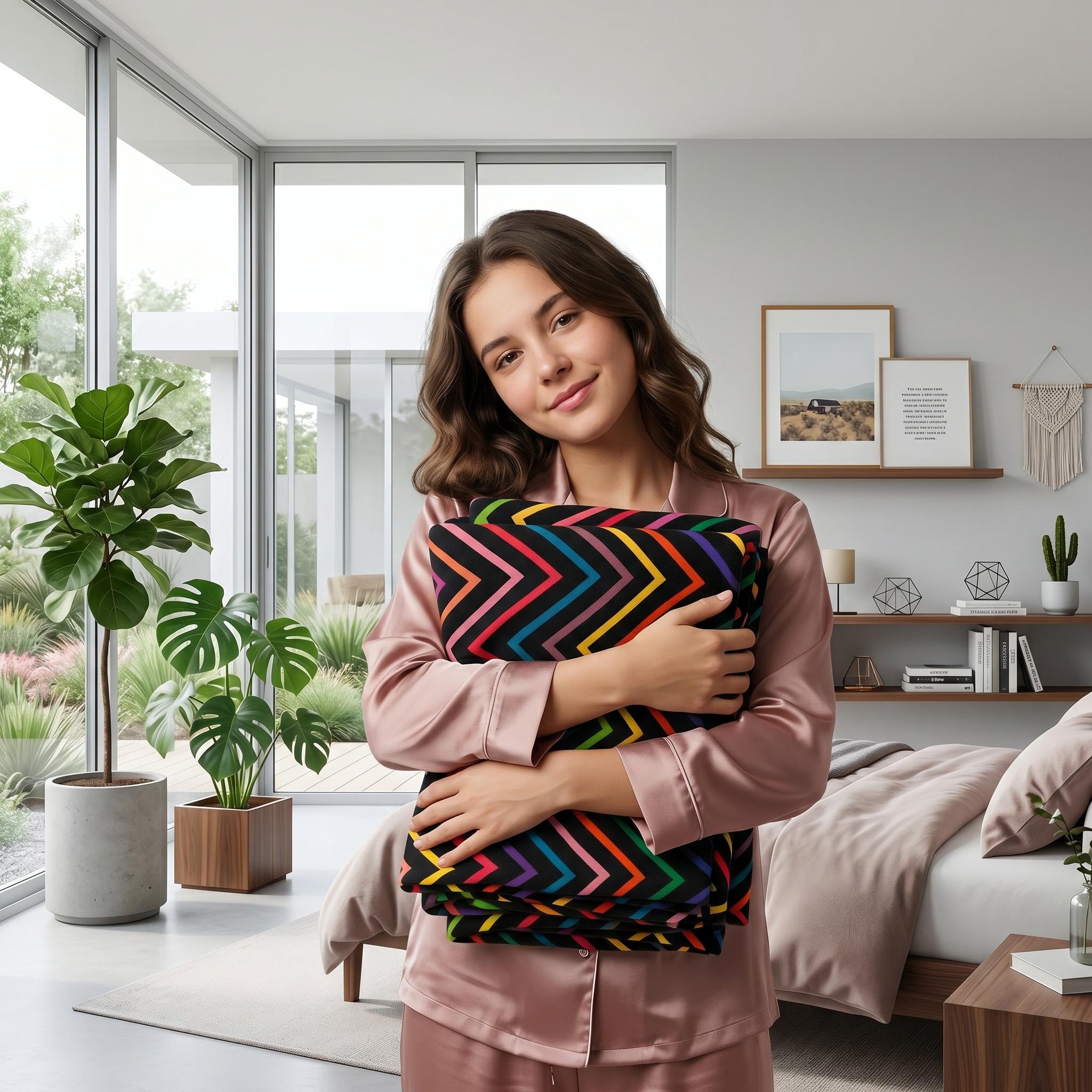 Woman in pajamas holding a folded Solstice Zig Geometric Throw Blanket with multicolor zigzag pattern.