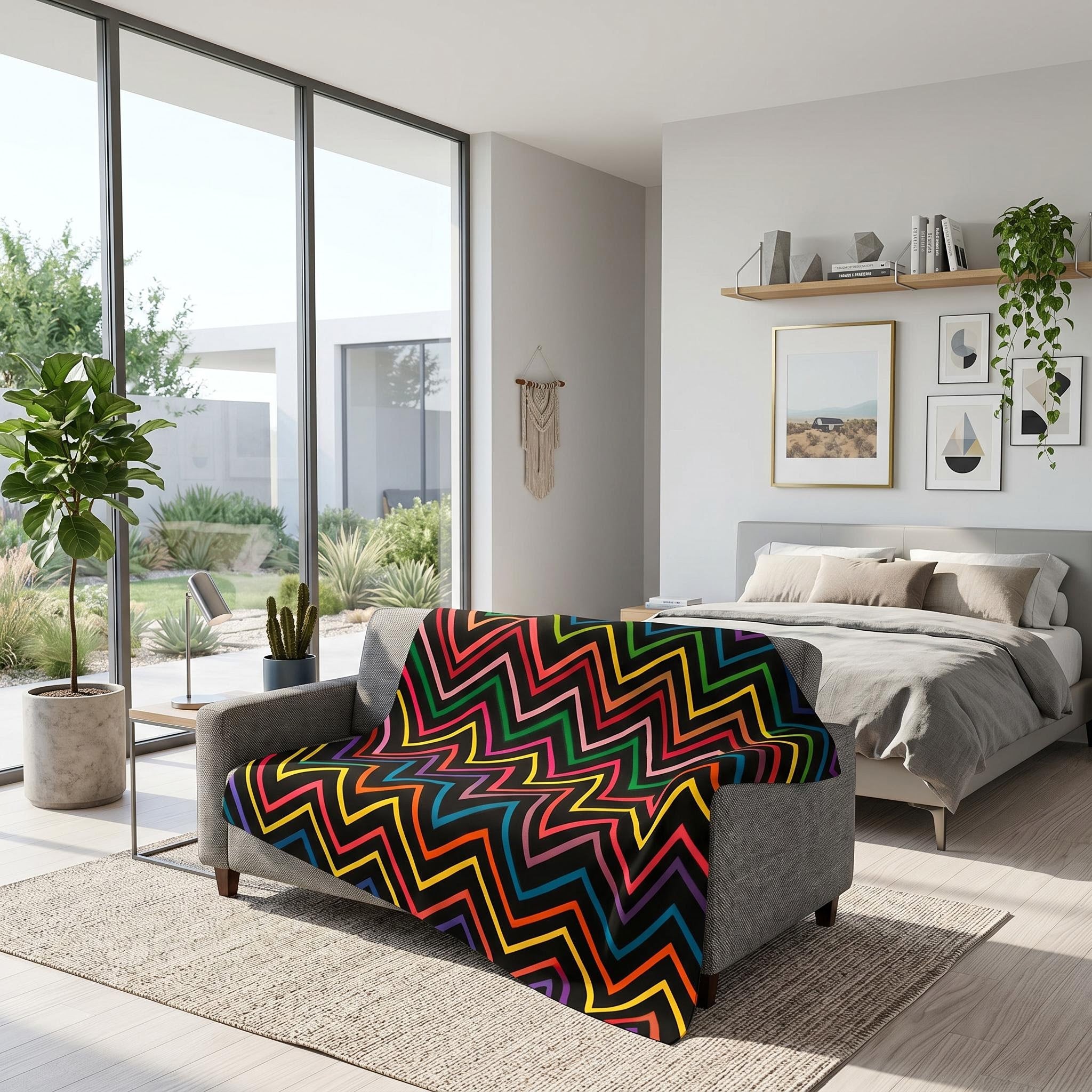 Solstice Zig Geometric Throw Blanket, a multicolor zigzag pattern on a black background, draped over a gray sofa.