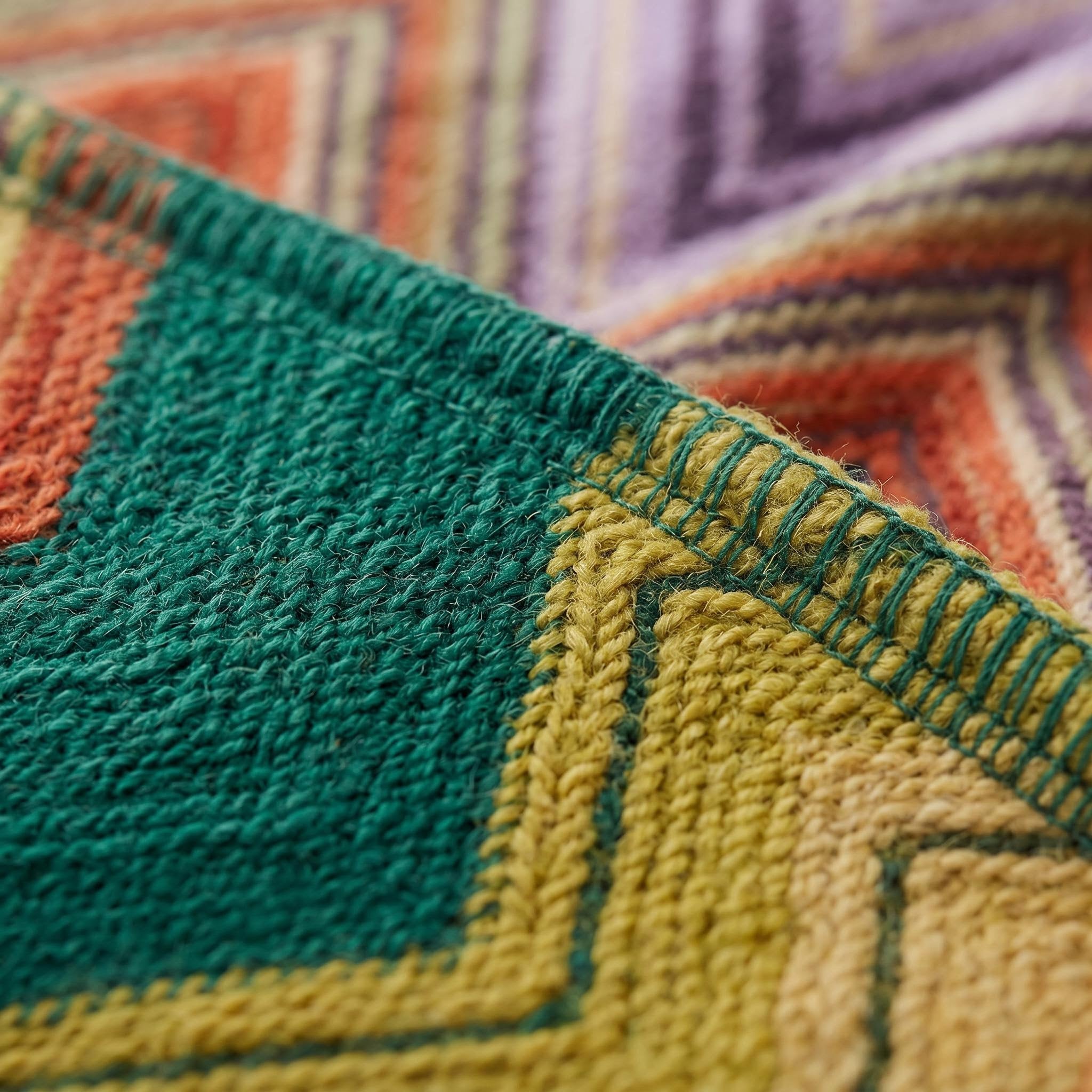 Close-up of a multicolor Solstice Zig geometric throw blanket with a zigzag pattern and stitched edges.