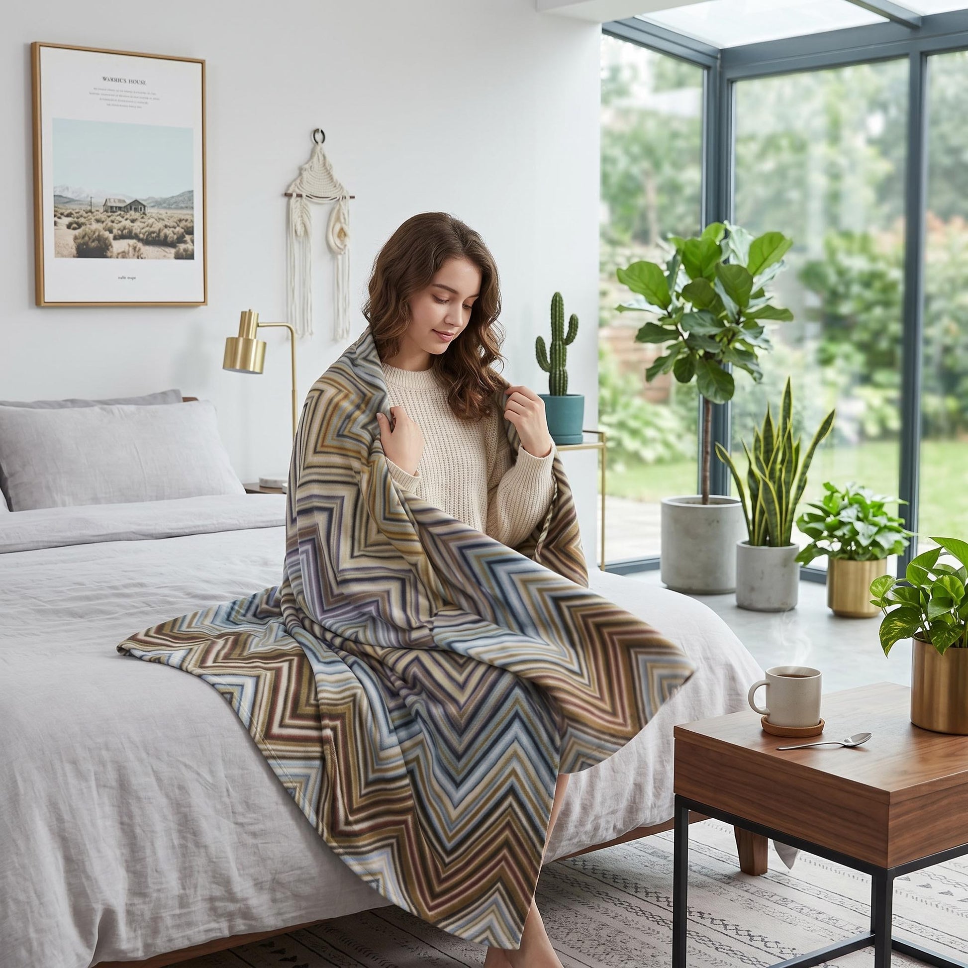 Woman on a bed wrapped in a Solstice Zig geometric throw blanket with a multicolor zigzag pattern.