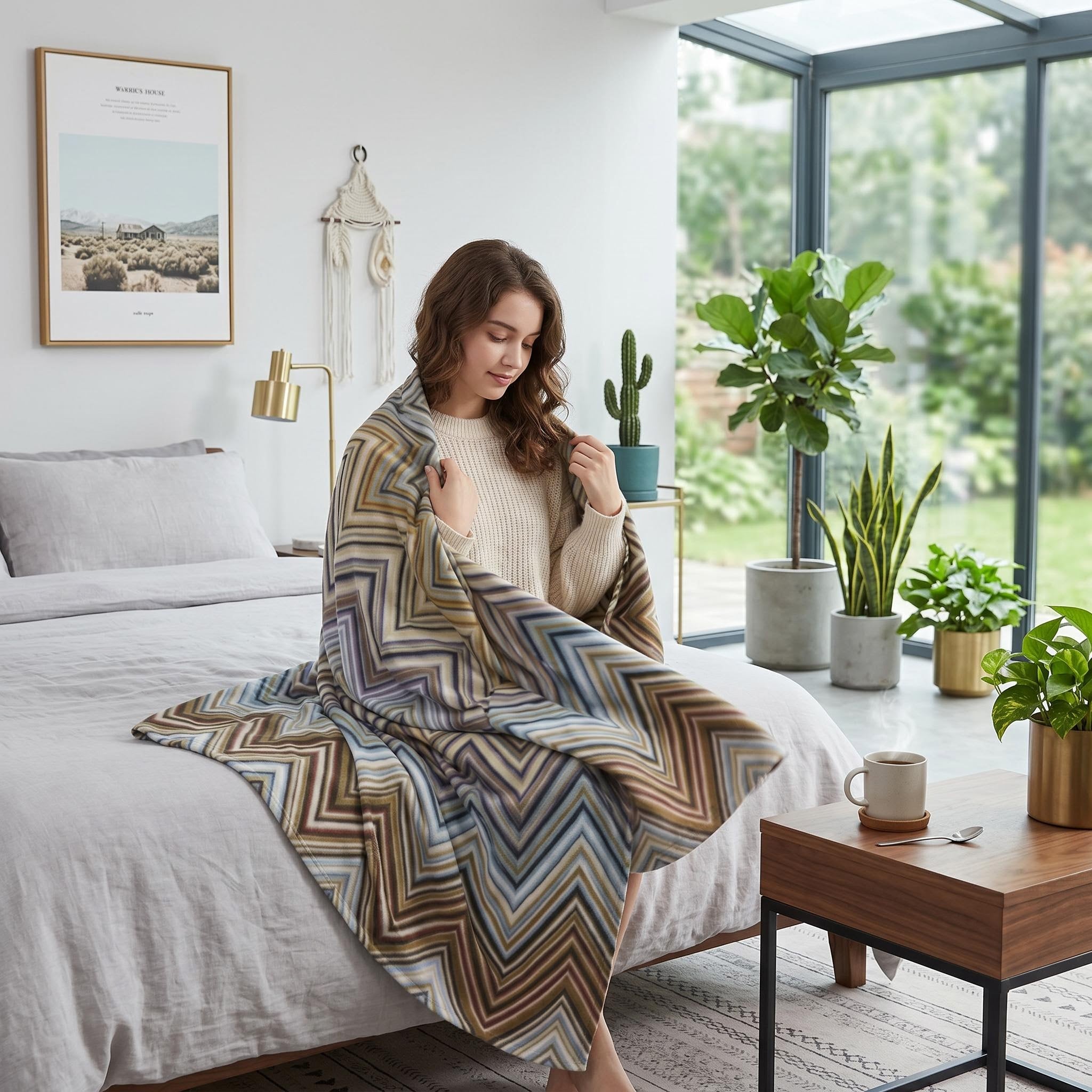 Woman on a bed wrapped in a Solstice Zig geometric throw blanket with a multicolor zigzag pattern.