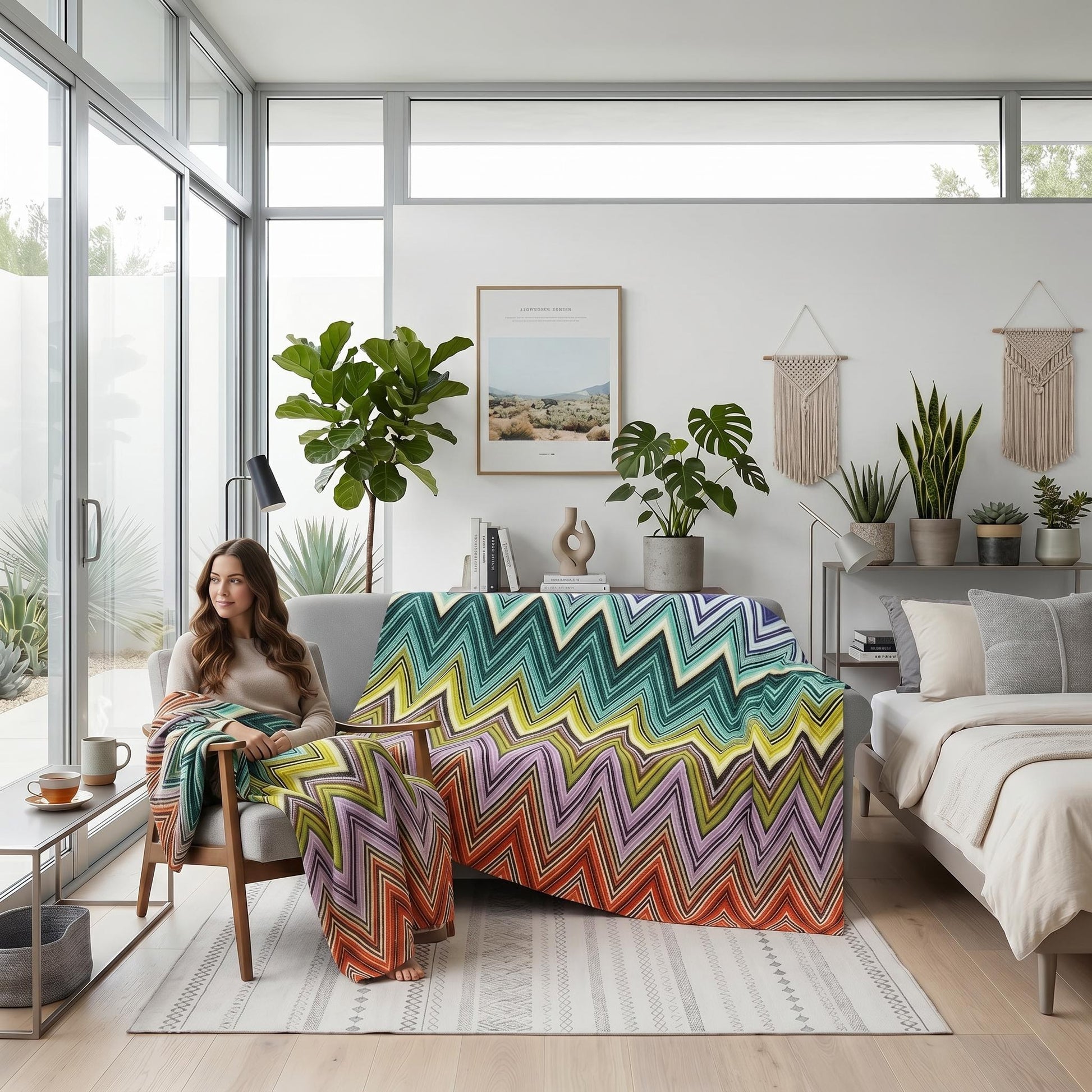 Solstice Zig Geometric Throw Blanket in multicolor zigzag pattern draped over a sofa and woman.