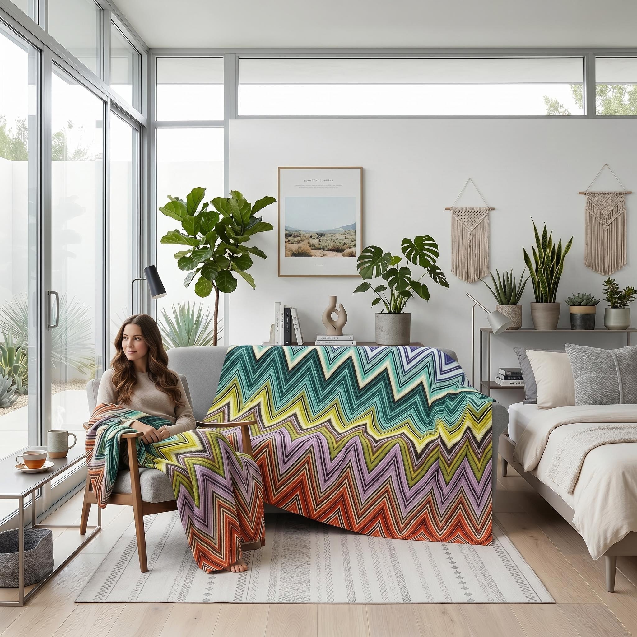 Solstice Zig Geometric Throw Blanket in multicolor zigzag pattern draped over a sofa and woman.