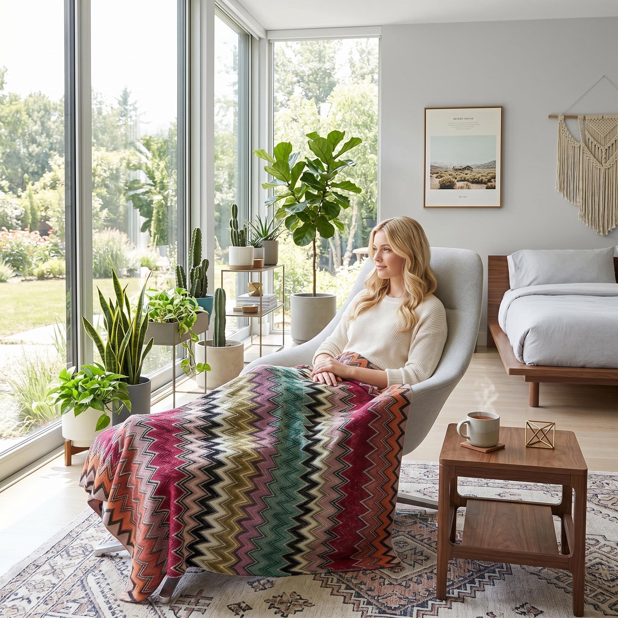 Blonde woman relaxing in a chair with a multicolor Solstice Zig geometric throw blanket.