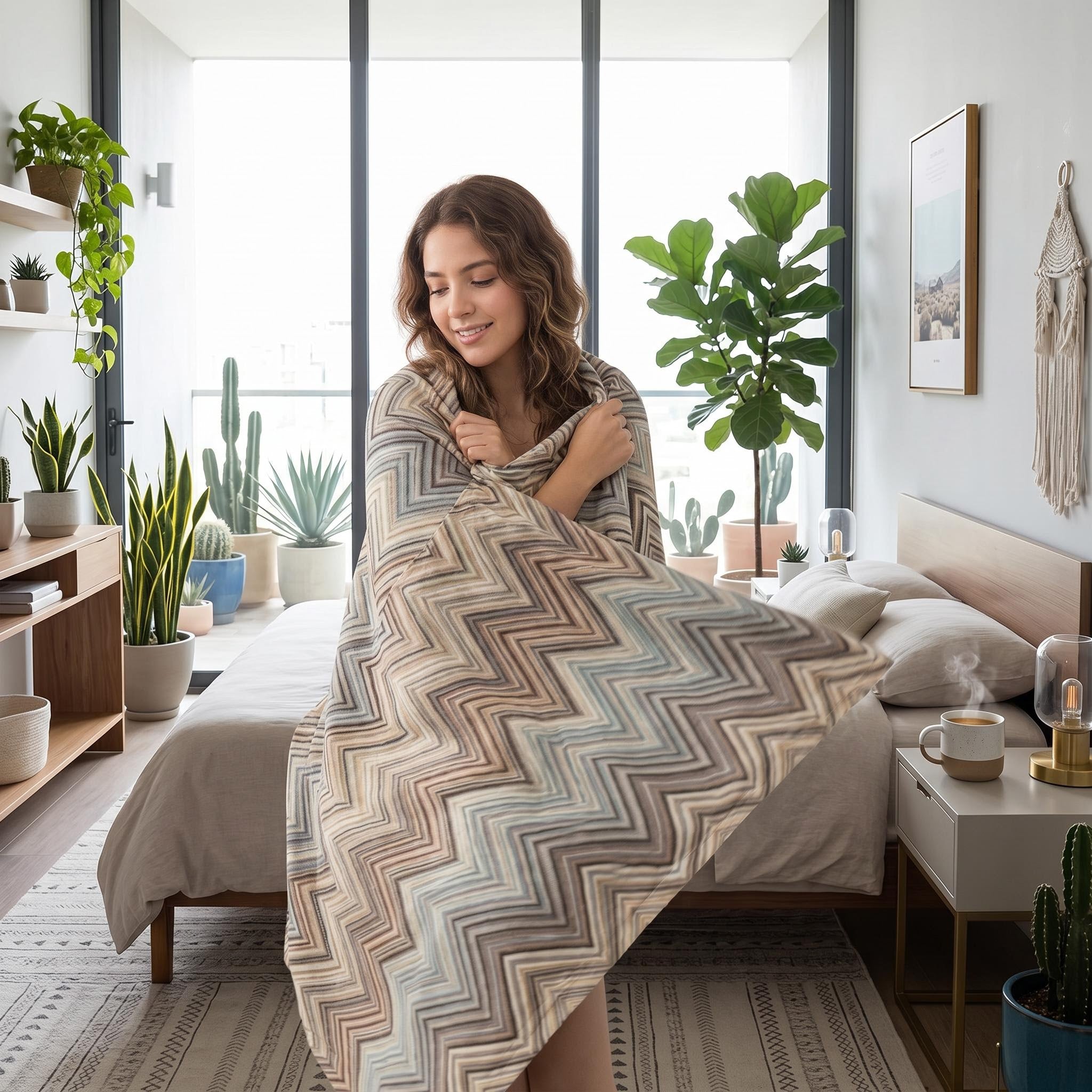 Woman wrapped in a Solstice Zig Geometric Throw Blanket with a multicolor zigzag pattern, in a bright bedroom.