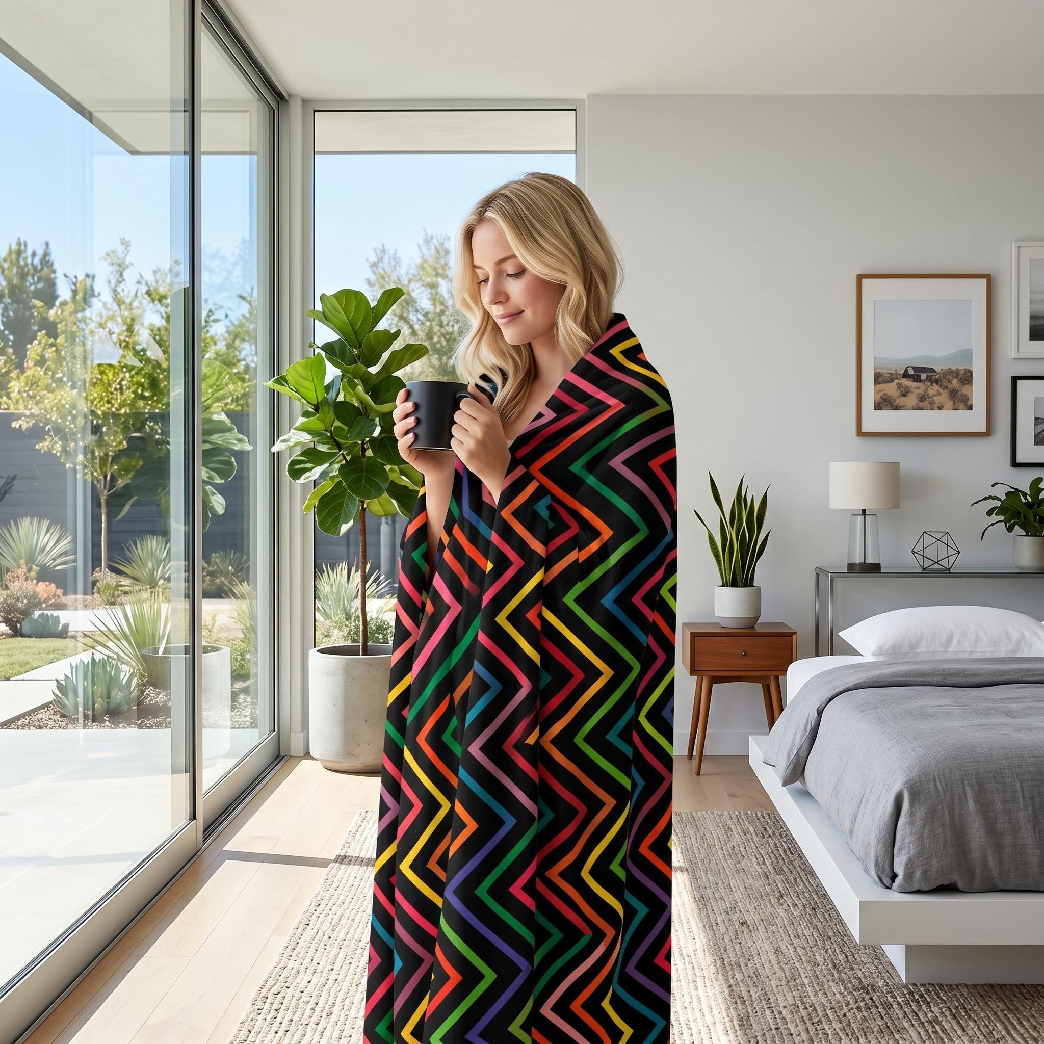 Blonde woman wrapped in a Solstice Zig multicolor geometric throw blanket, holding a mug in a modern bedroom.