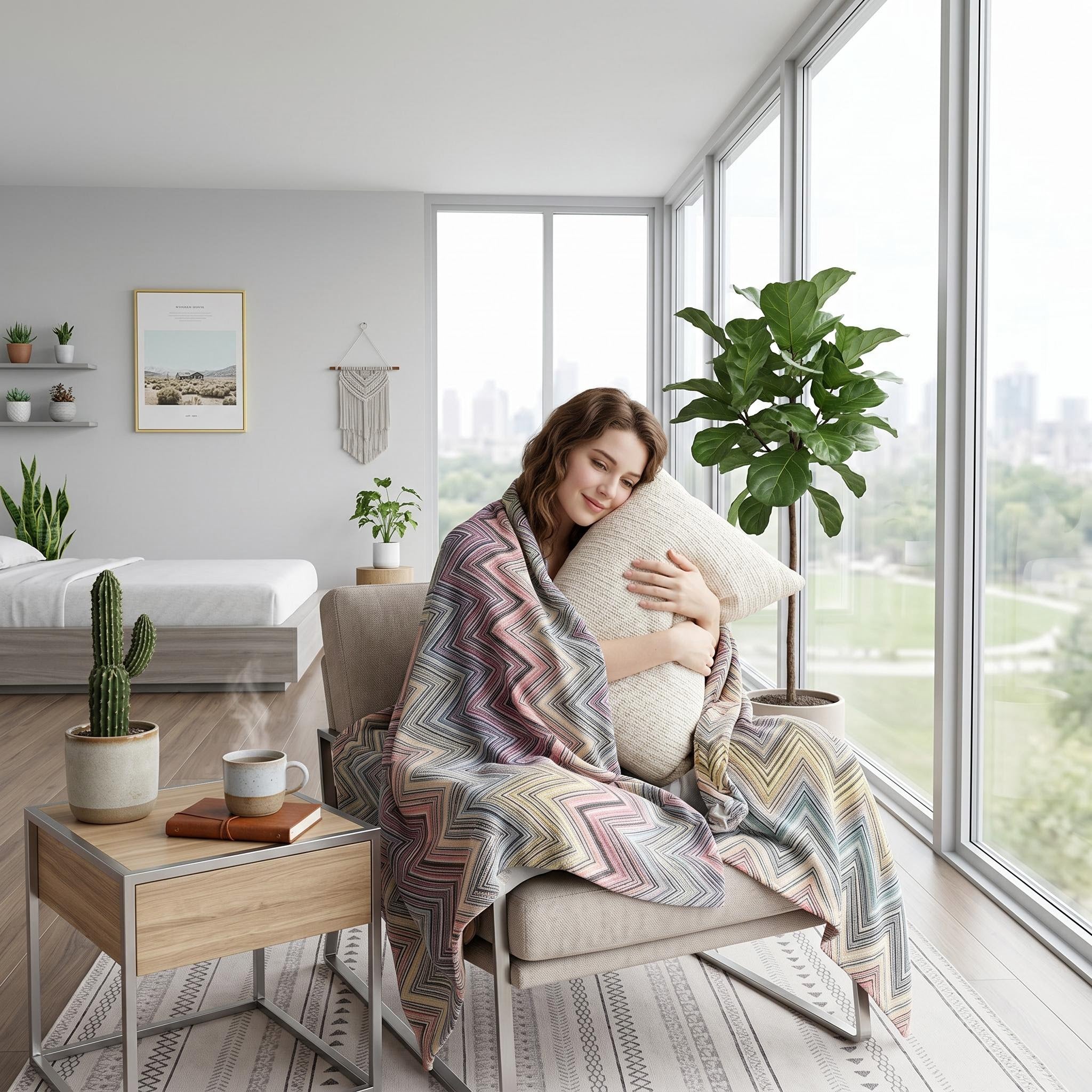 Woman wrapped in a multicolor Solstice Zig Geometric Throw Blanket with a zigzag pattern, relaxing in a modern living room.