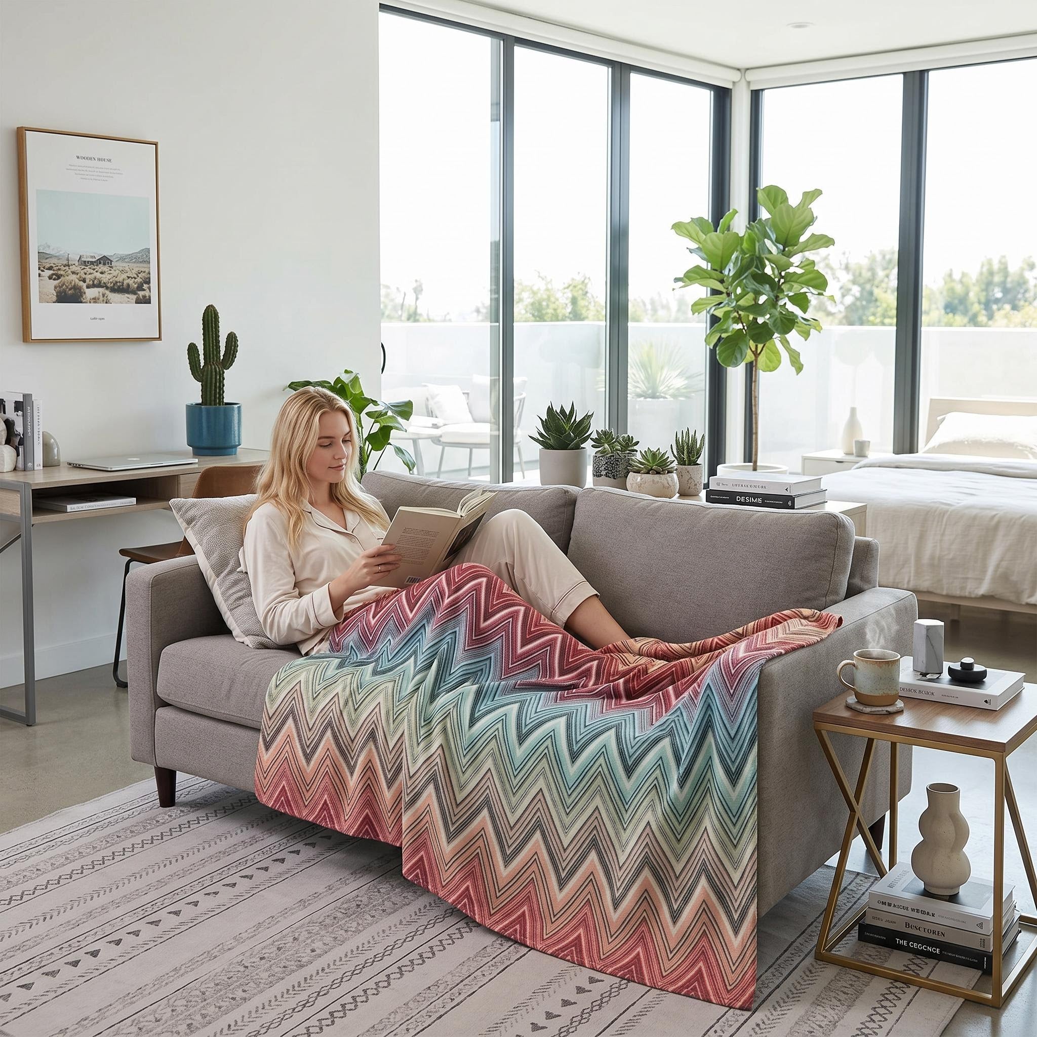 Woman relaxing on a sofa with a multicolor Solstice Zig geometric throw blanket.