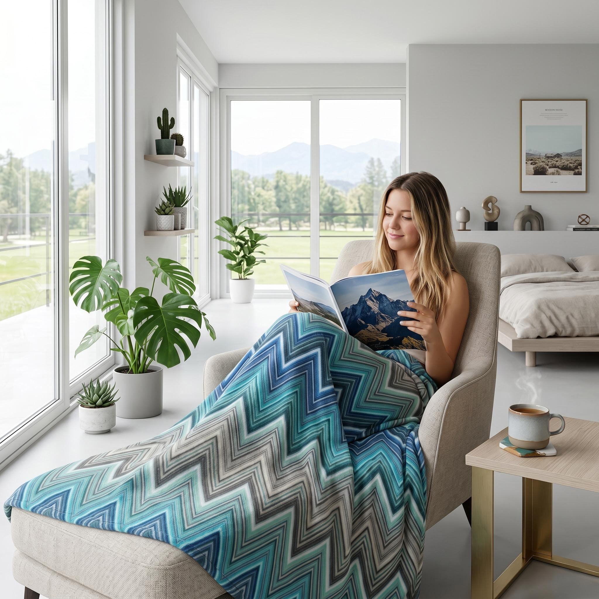Woman relaxing in a chair, covered by a multicolor Solstice Zig Geometric Throw Blanket with a zigzag pattern.