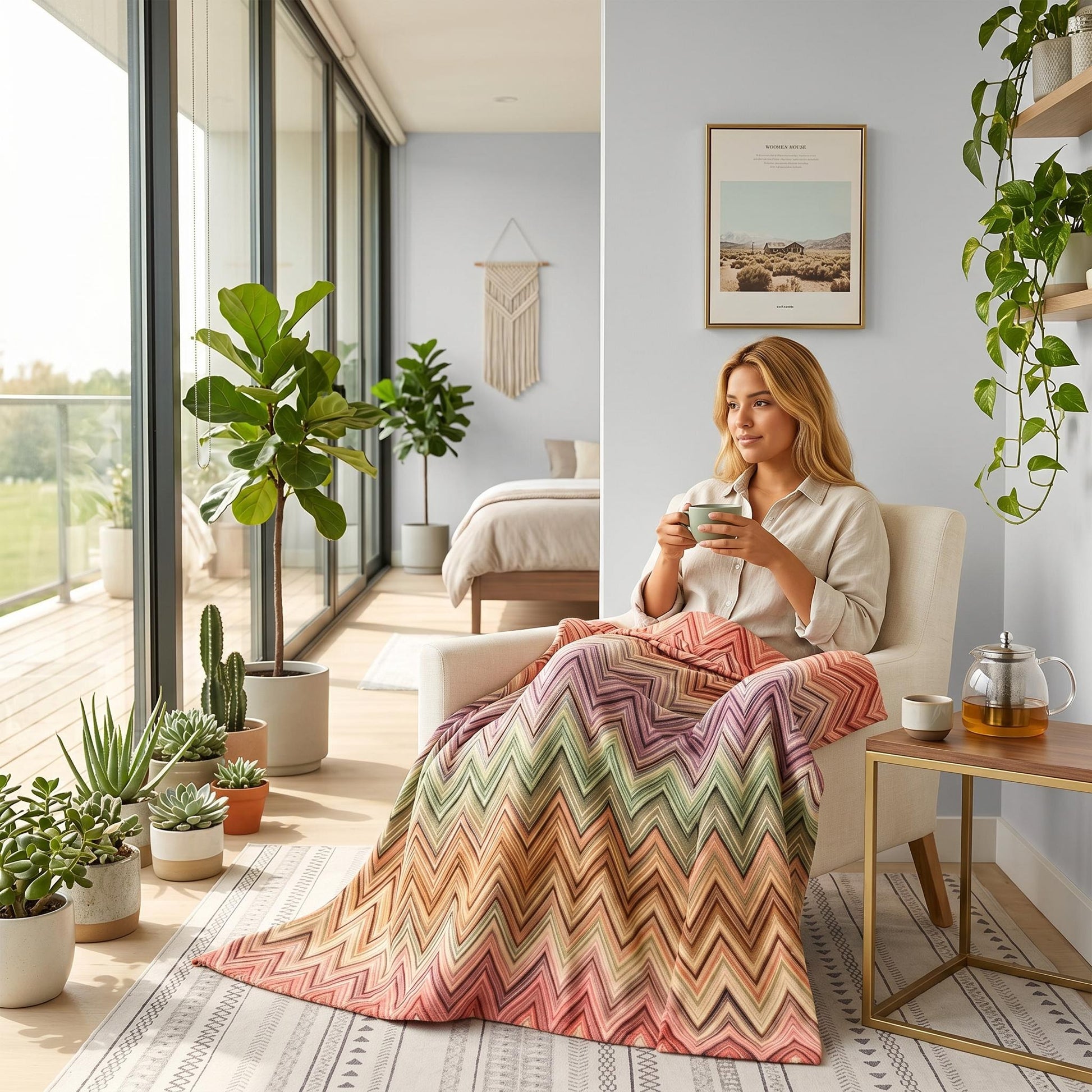 Woman relaxing in a chair, covered by a multicolor Solstice Zig Geometric Throw Blanket with a zigzag pattern.