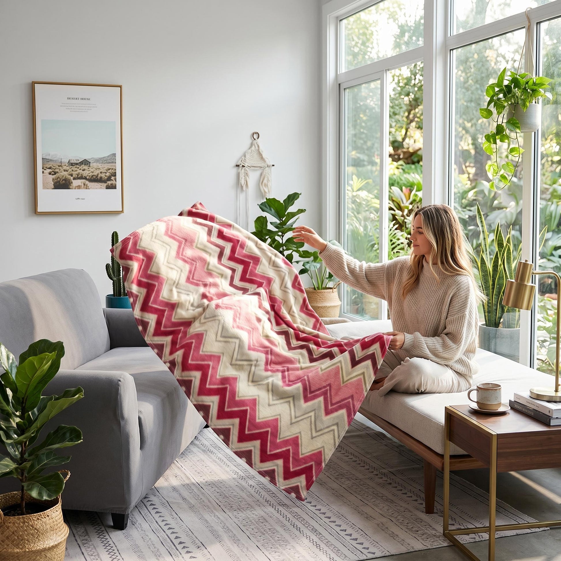 Woman placing a Solstice Zig Geometric Throw Blanket with pink and cream zigzag pattern on a sofa.