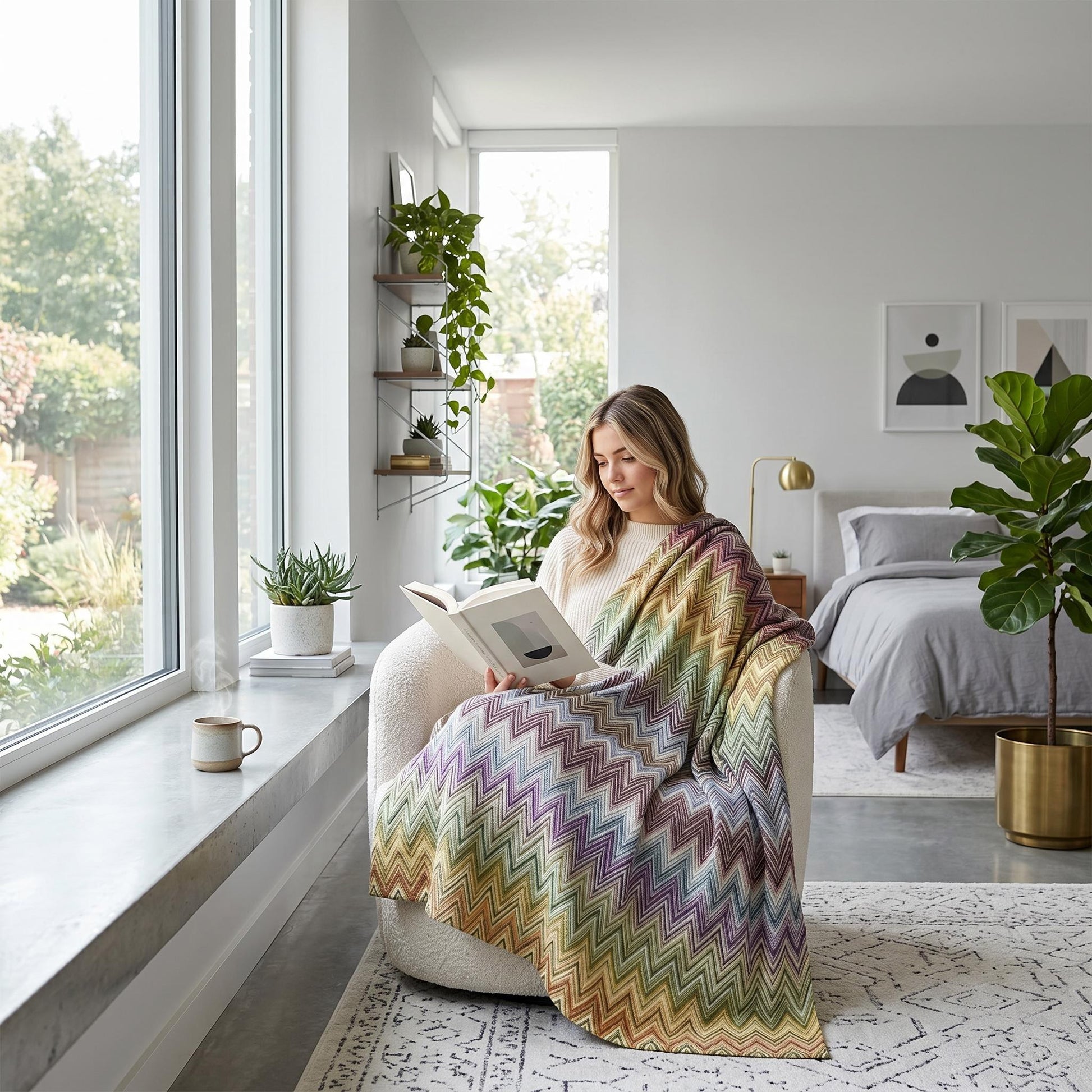 Woman reading in a chair, covered by a multicolor Solstice Zig geometric throw blanket.