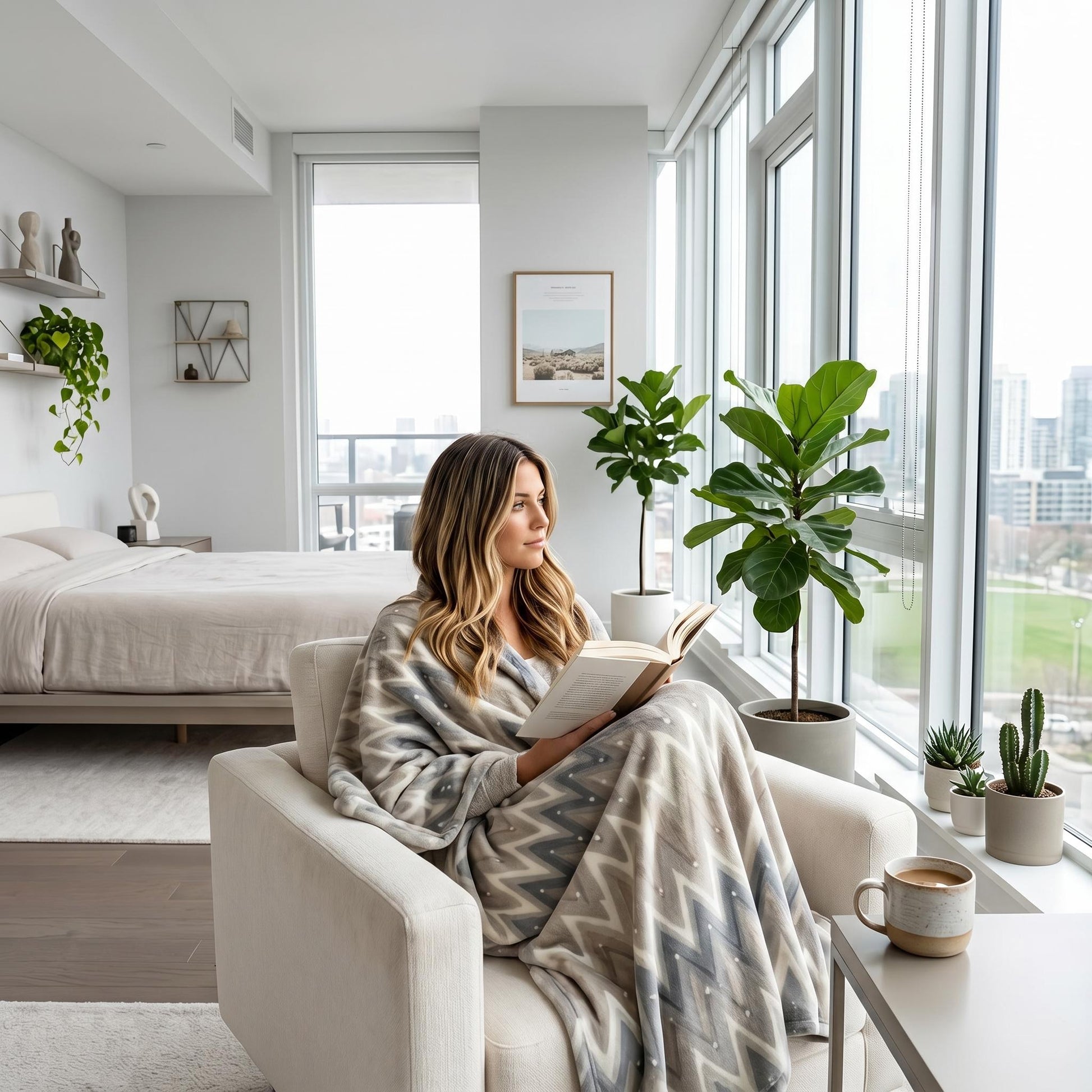 Woman wrapped in a Solstice Zig Geometric Throw Blanket with a zigzag pattern, reading by a window.