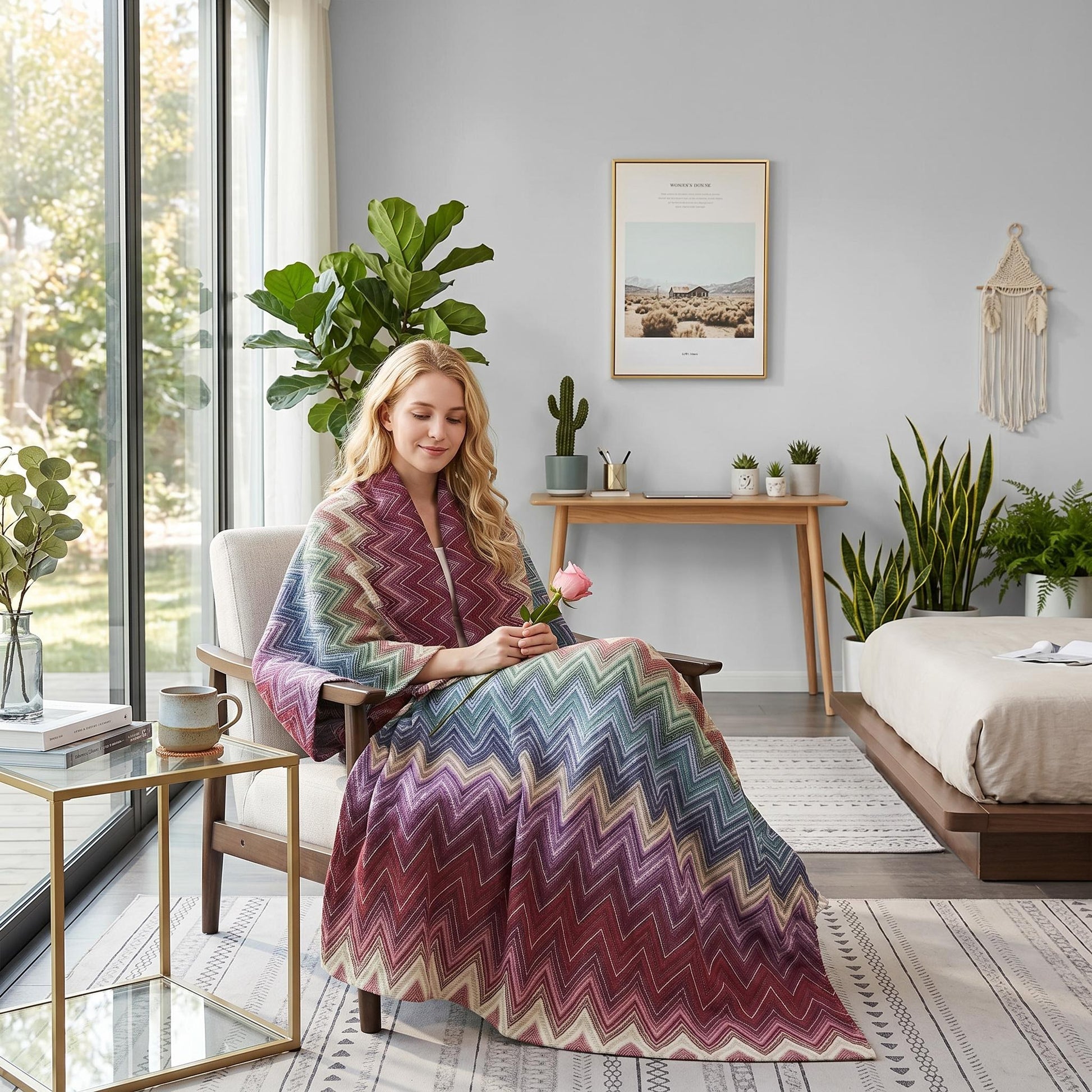Woman wrapped in a multicolor Solstice Zig Geometric Throw Blanket with a boho zigzag pattern.