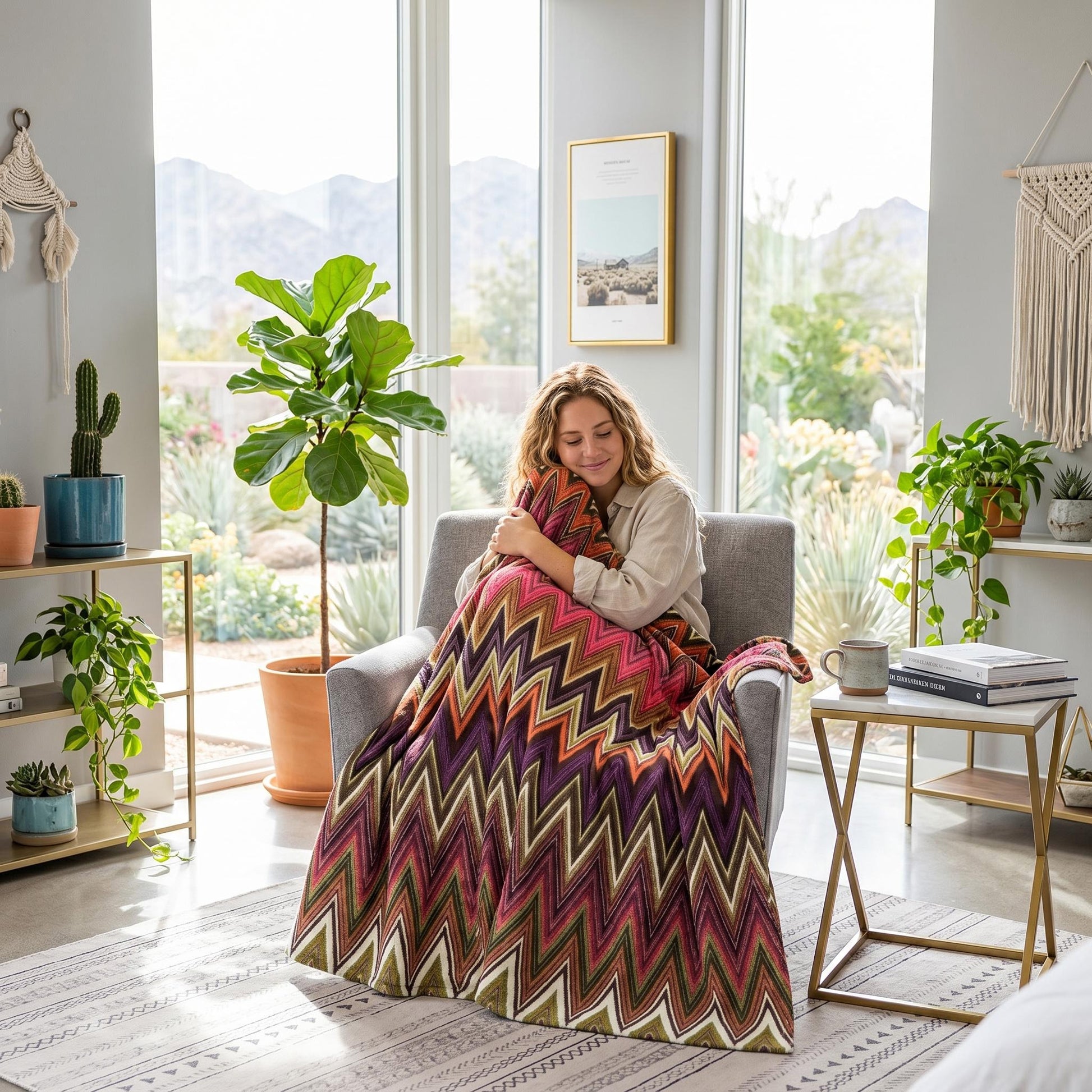 Woman wrapped in a multicolor Solstice Zig Geometric Throw Blanket with a zigzag boho pattern.