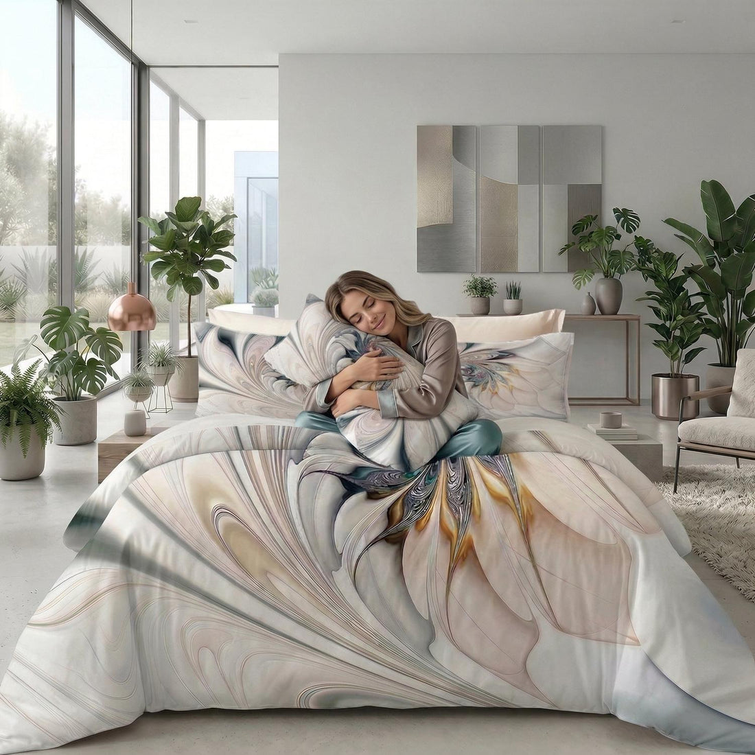 Twin size spiral floral printed duvet cover set with elegant patterns.