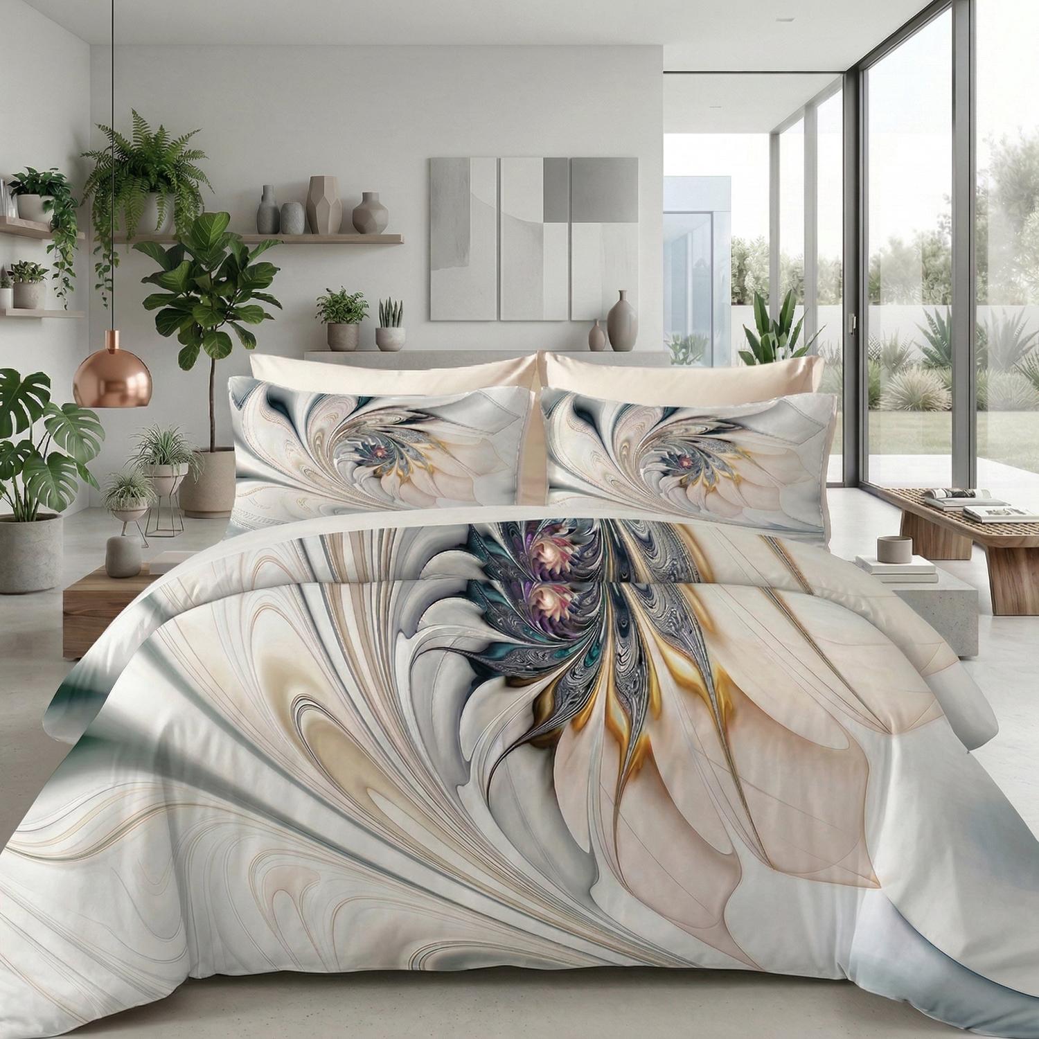 Elegant spiral floral printed duvet cover set in a bedroom setting.