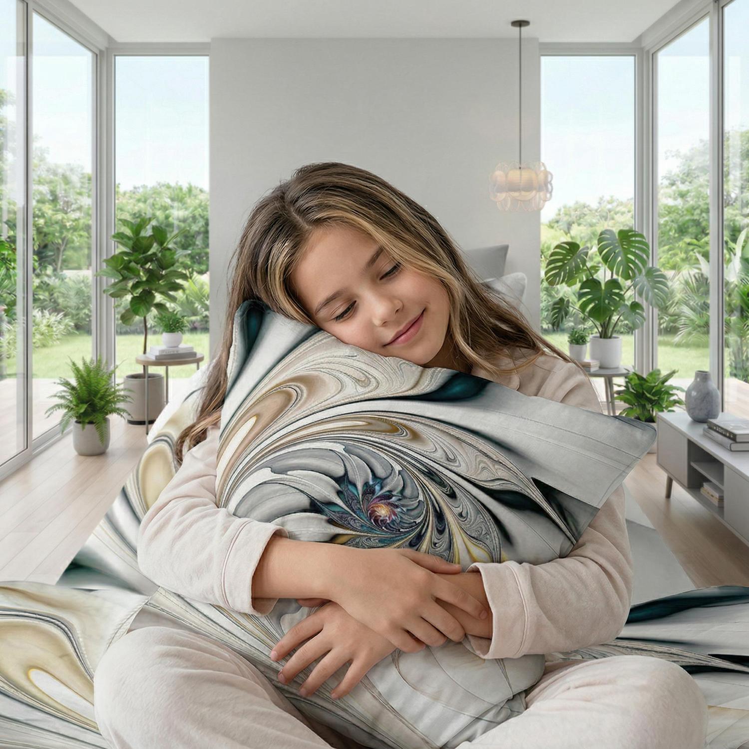 Elegant spiral floral printed duvet cover set in soft microfiber, featuring a modern aesthetic.