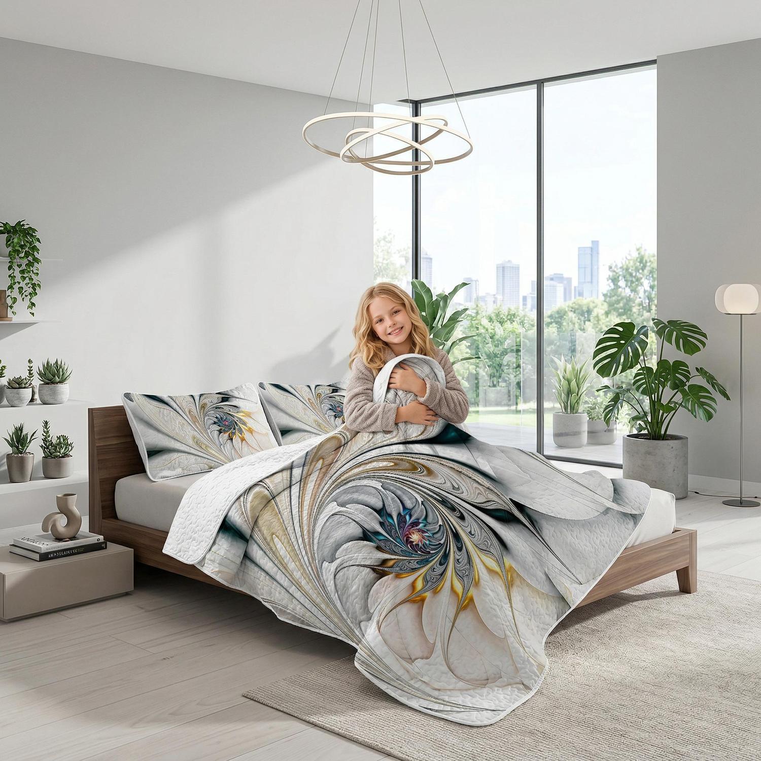 Spiral floral printed duvet cover set with elegant blue and white patterns.