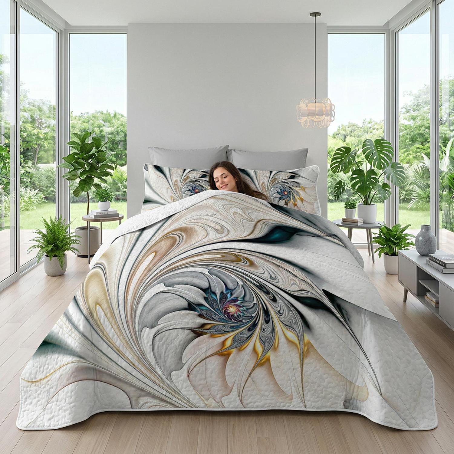 Elegant spiral floral printed duvet cover set in a bedroom setting.